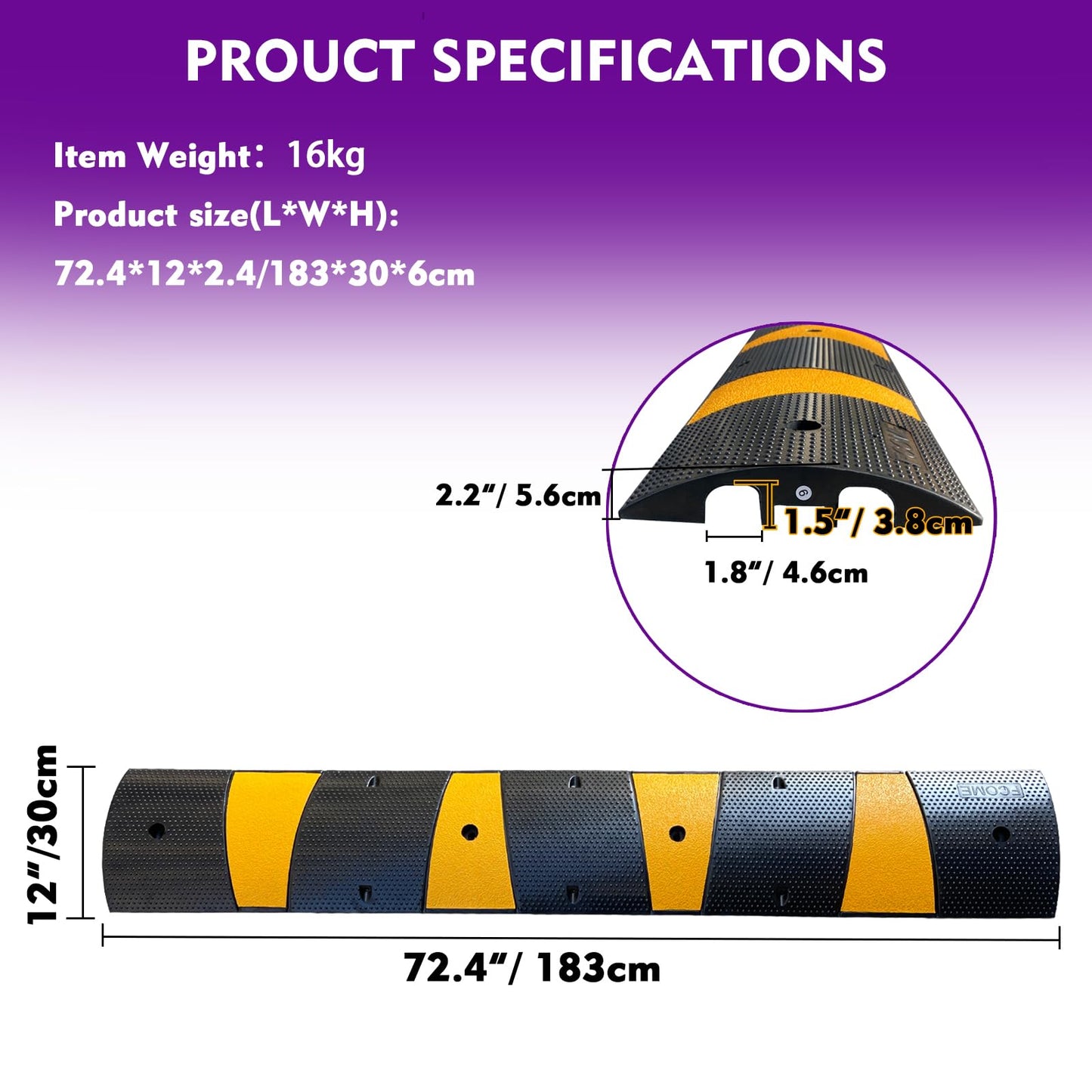 F COME Rubber Speed Bump 6 Feet Rubber Driveway Modular Heavy Duty Speed 72.4 x 12 x 2.4 Inch Cable Protector Ramp for Garage Gravel Roads Asphalt Concrete, 6Ft-Speed Bump (2 pack 6ft speed hump)