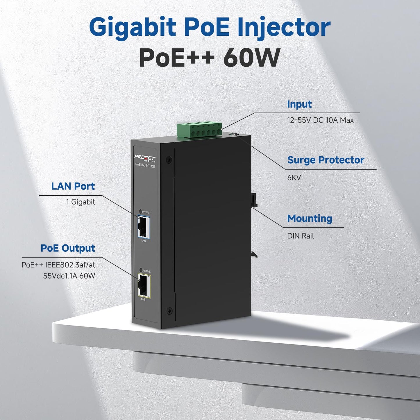 PROCET Gigabit PoE Injector 60W DIN Rail, 6KV Surge Protection, -40℉ to 149℉ for eero PoE 6/7, UniFi U6 Pro, Sisco Access Point, PTZ AI Turret Camera, Digital Transportation, Information Kiosks