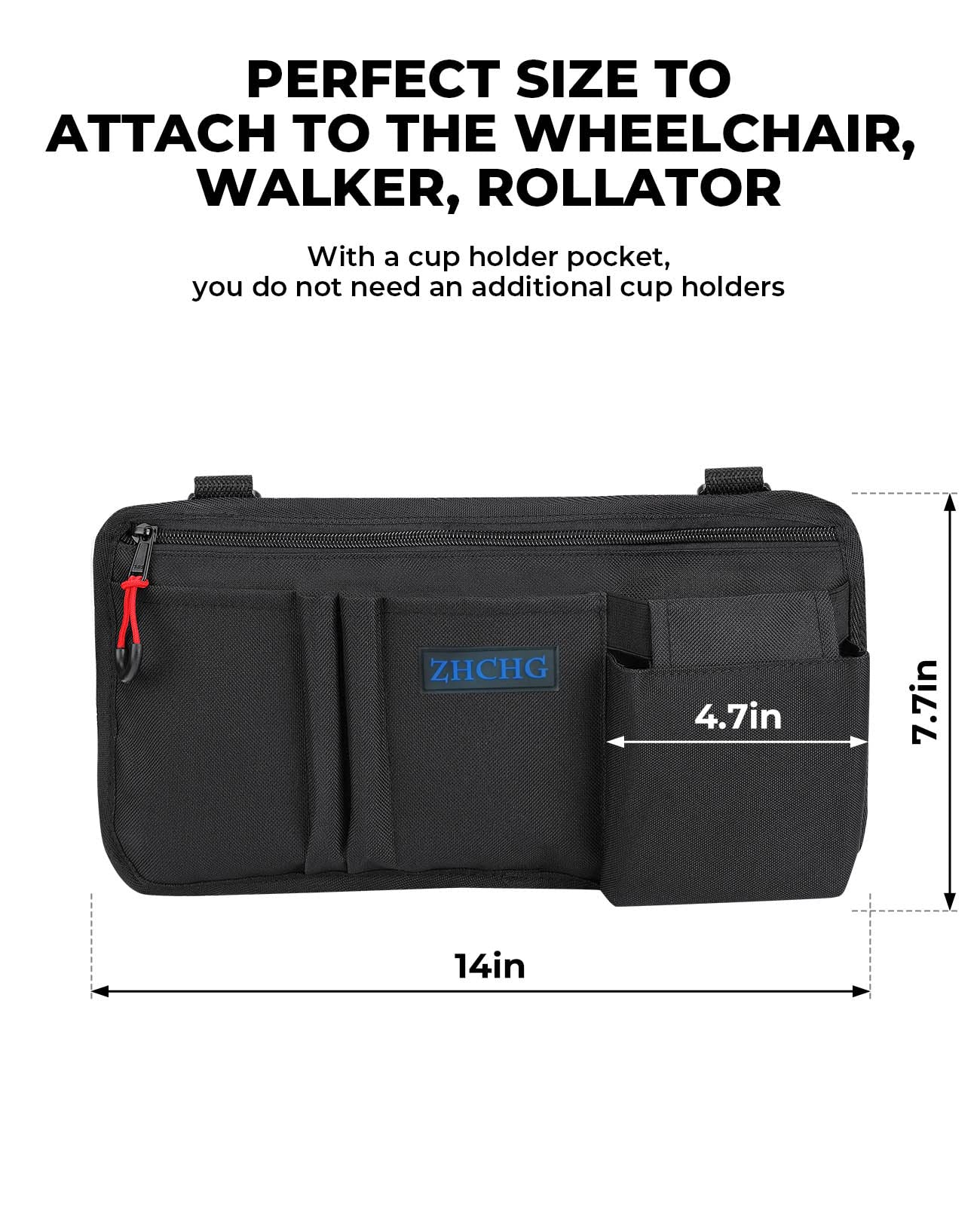 ZHCHG Wheelchair Side Bag with Cup Holder, Wheelchair Armrest Pouch Accessories for Walker, Rollator, Electric Scooter Wheelchairs, Ideal Gift for Mother's Day & Father's Day