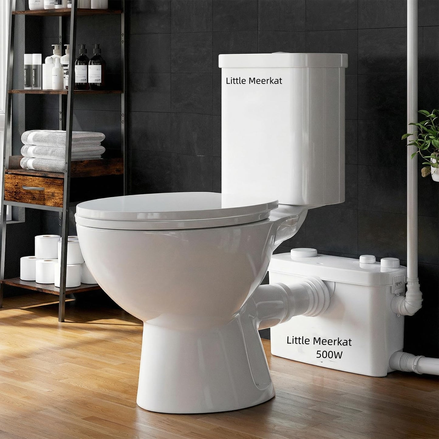 Little Meerkat 500W Upflush Toilet System, Macerating Toilet Kit, Powerful Sewage Pump Toilet, White Ceramic Siphon 1.6GPF Flush Toilet for Bathroom, Basement, Garage, No Plumbing Renovation Needed