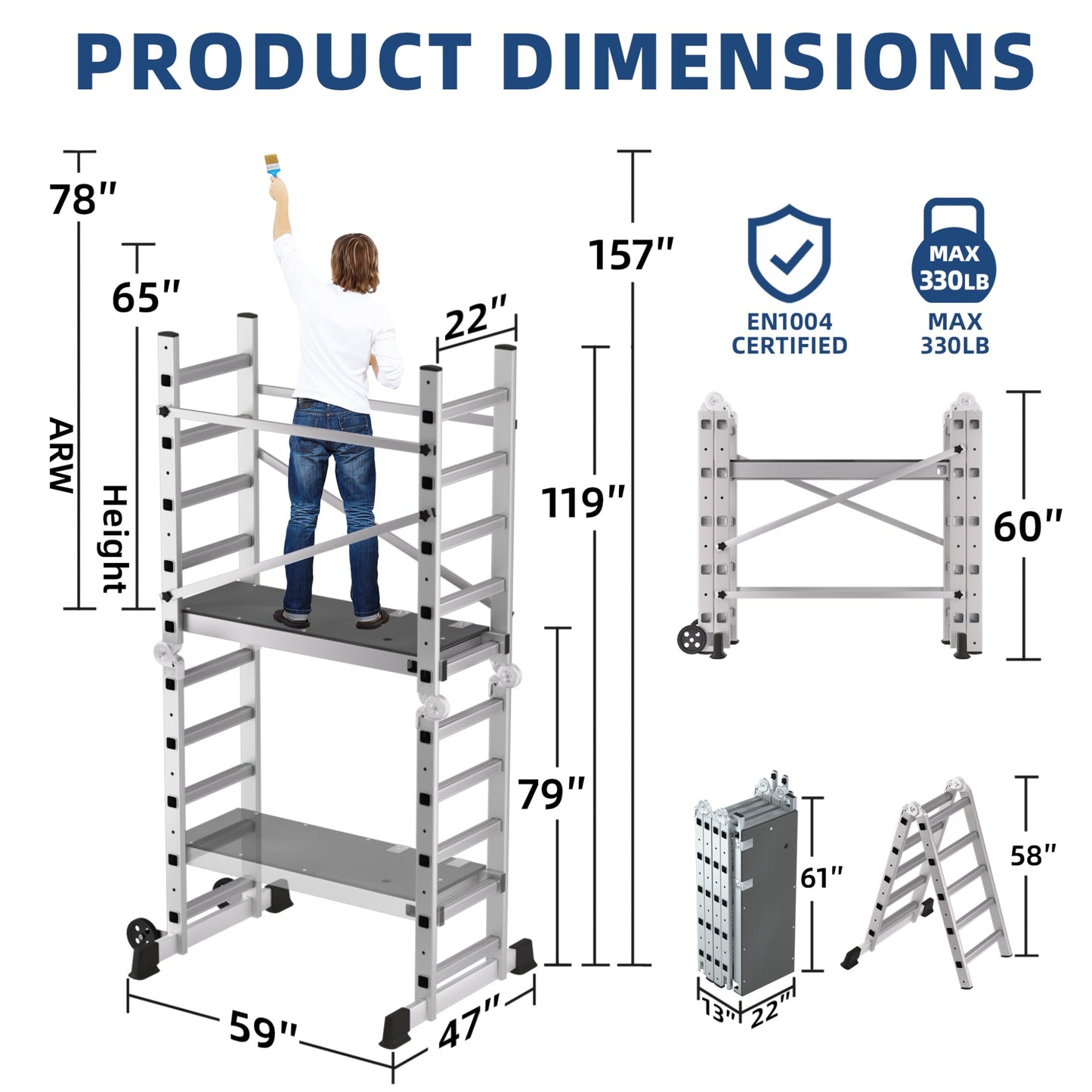APARECIUM 10' Foldable Aluminum Scaffolding Ladder, Multipurpose Rolling Work Platform, Scaffold Tower, Ladder Stool Bench, Adjustable Platform, 330 Lbs Duty Rate