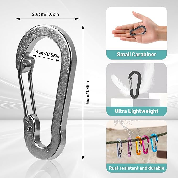 Multi-Pack Aluminum Carabiner Clips, 2" Ultra-Light Spring & Locking for Key,Hiking, Outdoor Activities