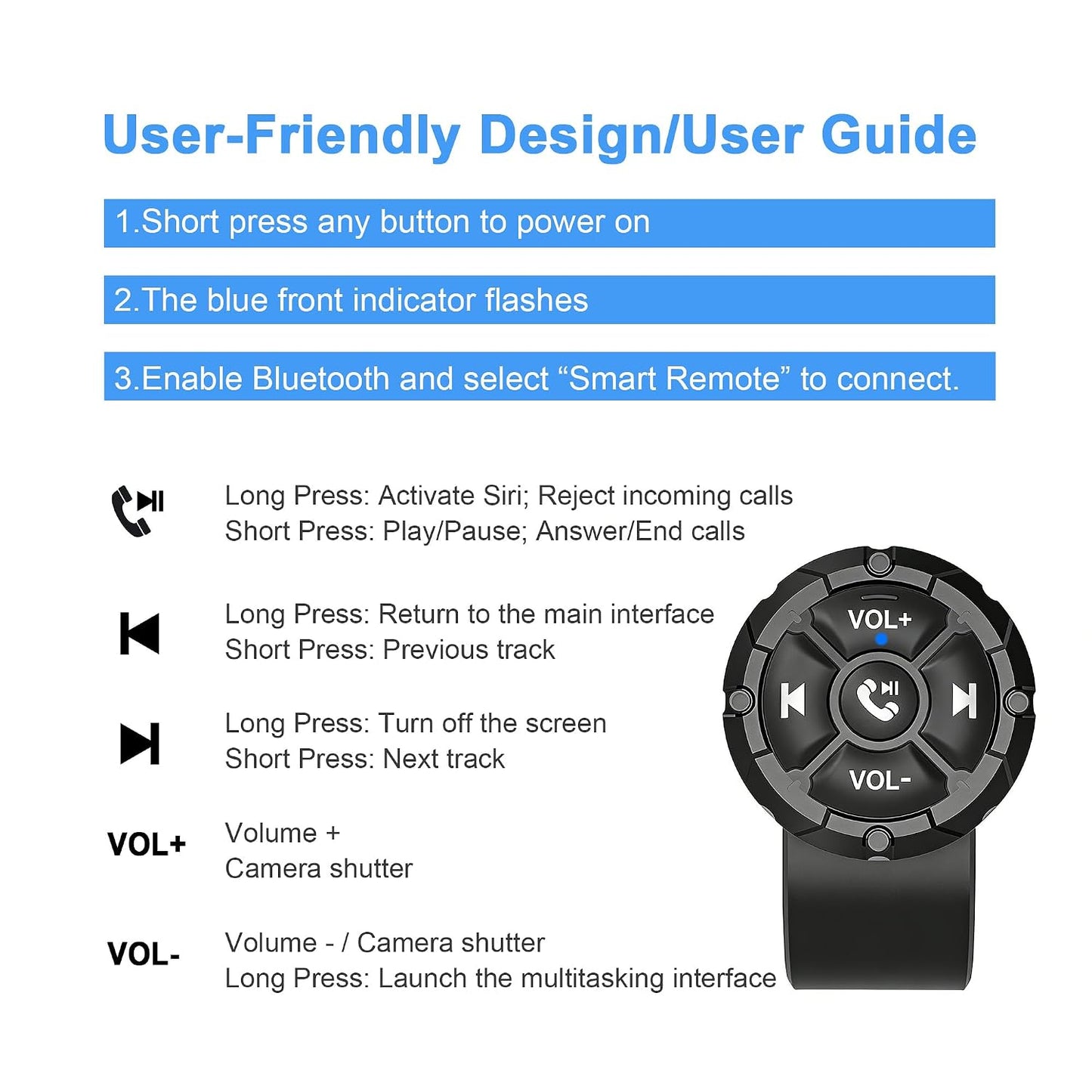 Bluetooth Media Button, Waterproof Wireless Music Controller for Car Steering Wheel, Bike & Motorcycle Handlebars