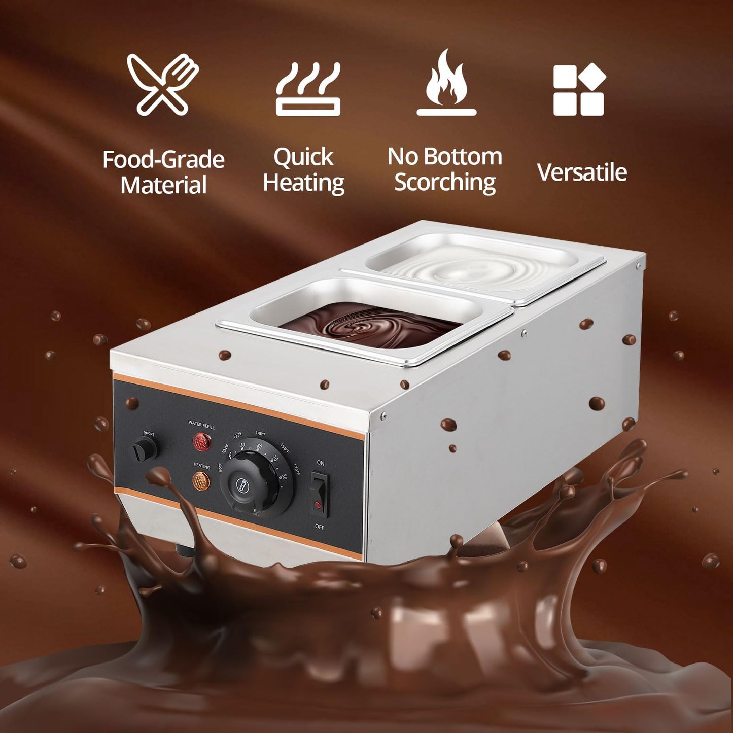 GarveeHome Chocolate Tempering Machine - 1.58 QT *2 Tanks, 6 LBS Capacity, TEMP Control 86~185℉, 800W Stainless Steel Electric Commercial Food Warmer for Chocolate/Milk/Cream Meltingream Melting