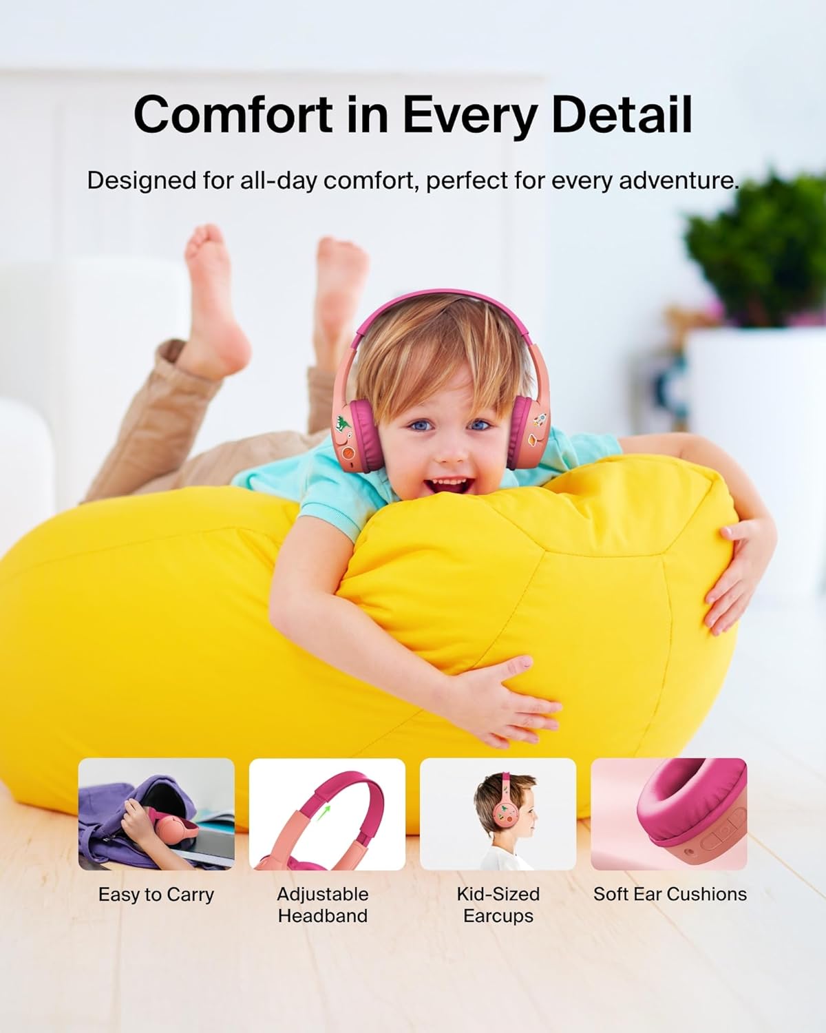 30H 85dB Belkin SoundForm Mini - Wireless Bluetooth Kids Headphones, Battery, Safe Volume Limit, Built-in Microphone