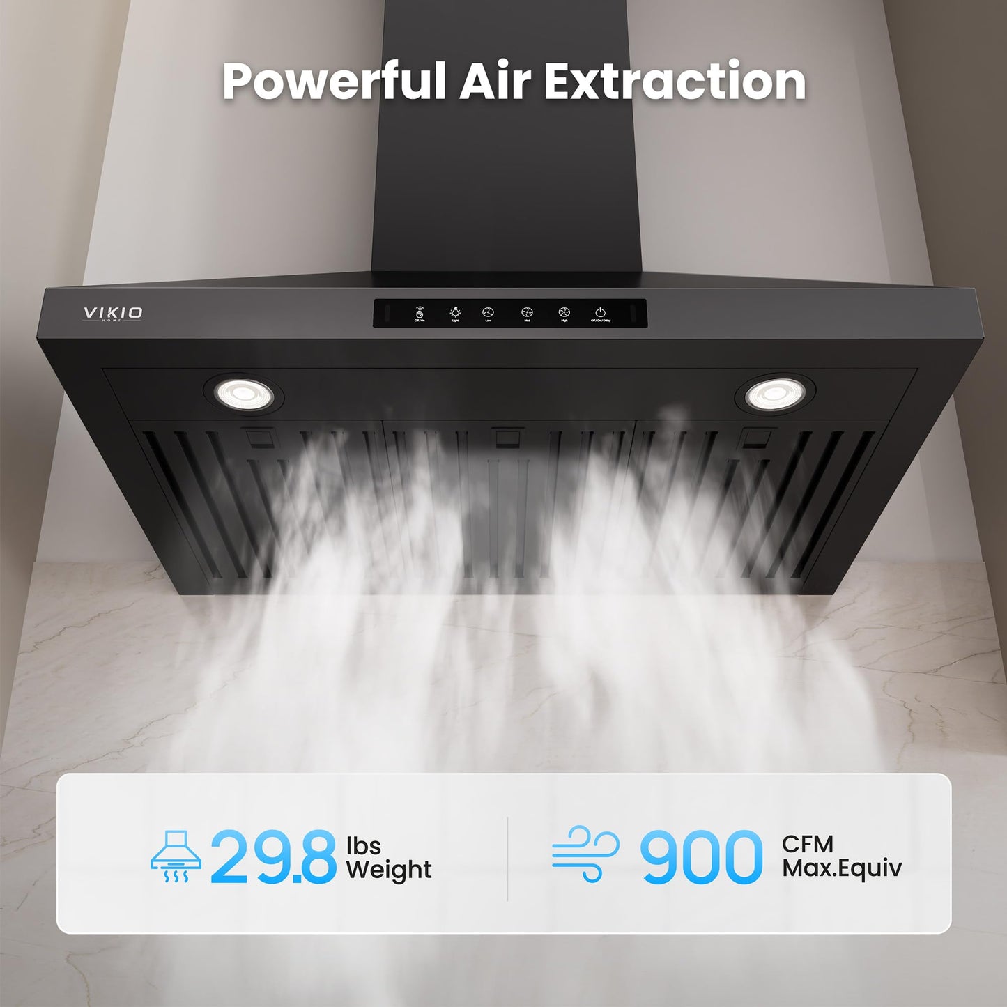 VIKIO HOME Wall Mount 30 Inch Range Hood 900 CFM, Ductless/Ducted Convertible, 3-speed Gesture Sensing & Touch Control, Black Painted Stainless Steel Kitchen Vent Hood with Permanent Baffle Filters