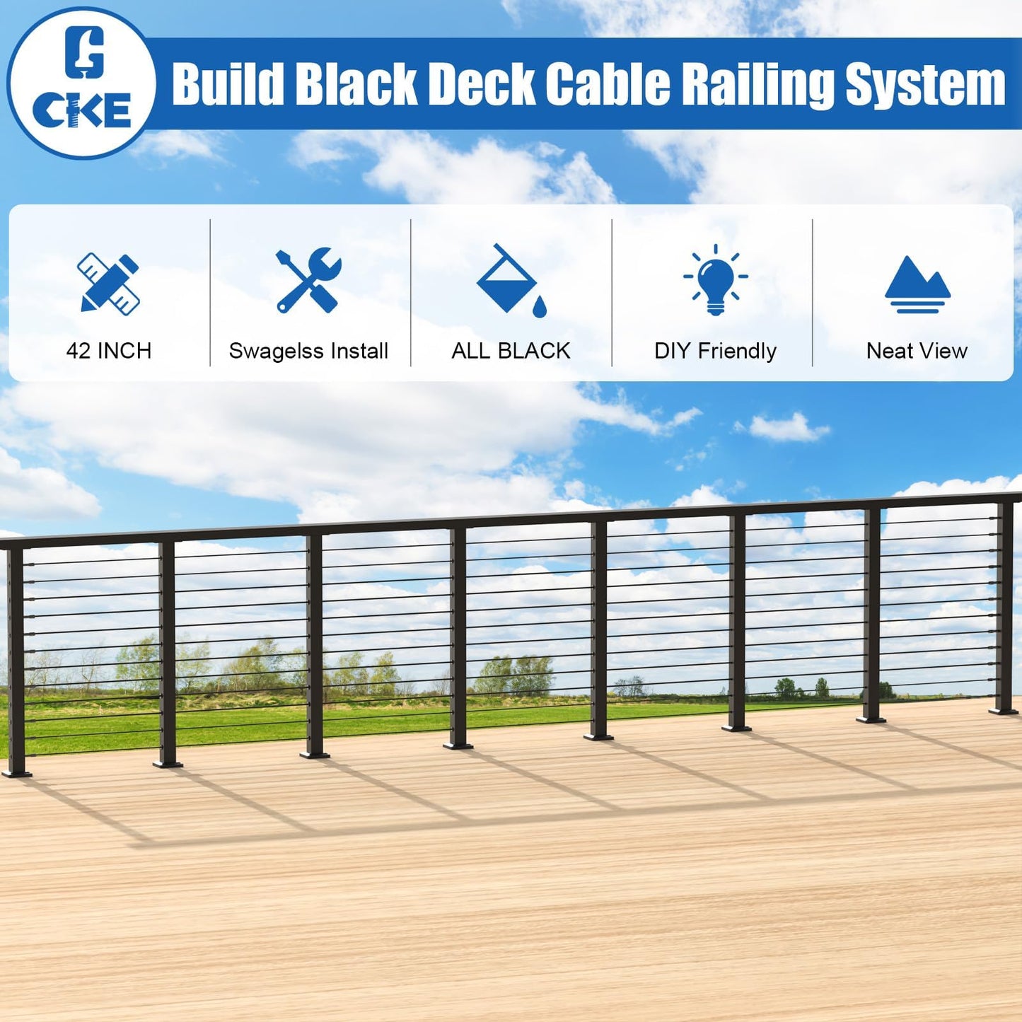 CKE 15ft-20ft Complete Set 42" Cable Railing Post Kit, 4Pack Black Level Drilled Line Posts(41"x2"x2"), Swageless Deck Cable Railing System Kit, 250ft 1/8" Wire Rope(No Handrail), Black Post Kit LPS02