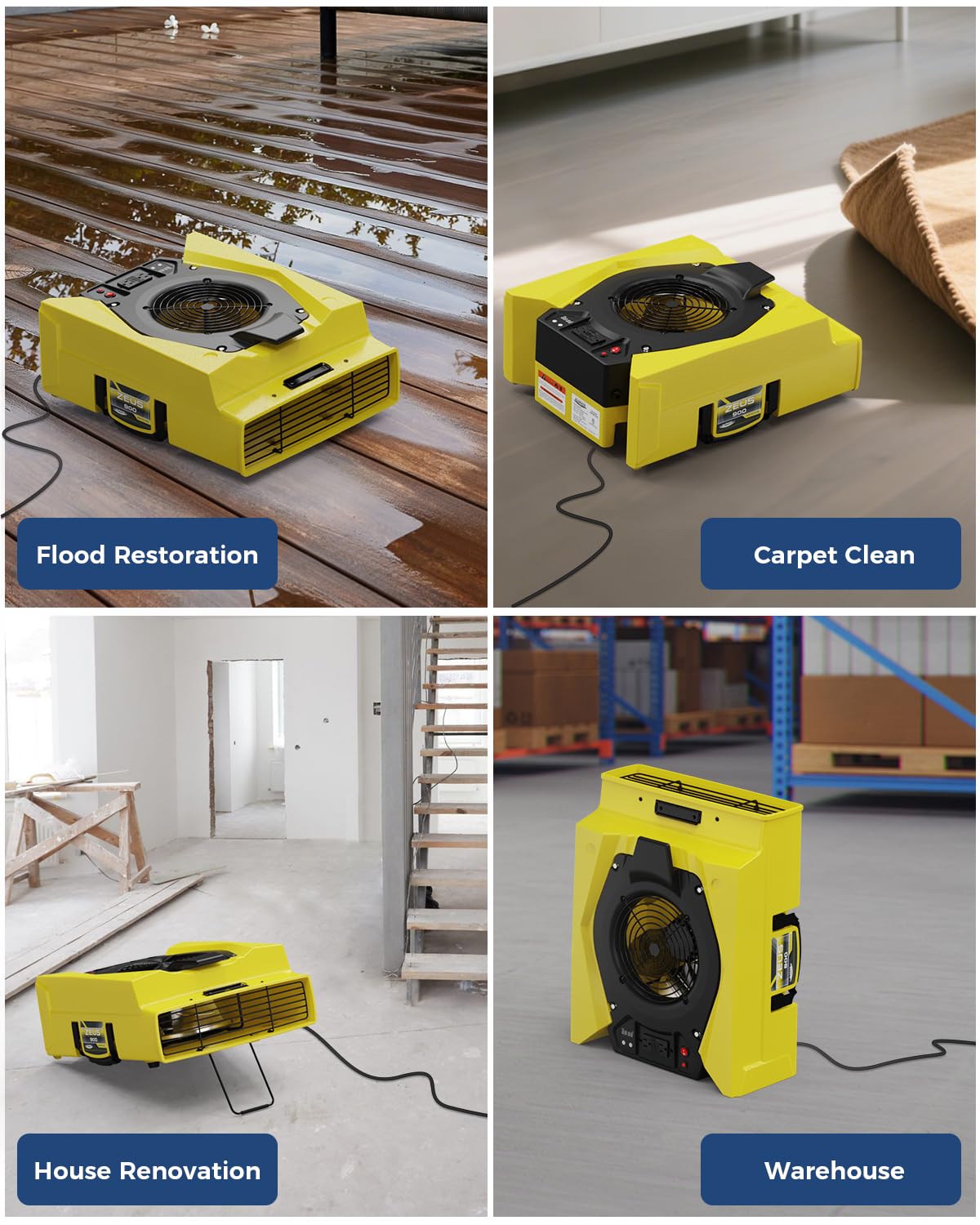 ALORAIR Air Mover,1/4 HP 950 CFM Floor Blower Fan with Dual GFCI Outlets, 4 Speeds, 5 Blower Angles & Daisy Chain - Ideal for Carpet Floor Dryer and Water Damage Restoration (Zeus 900 Yellow)