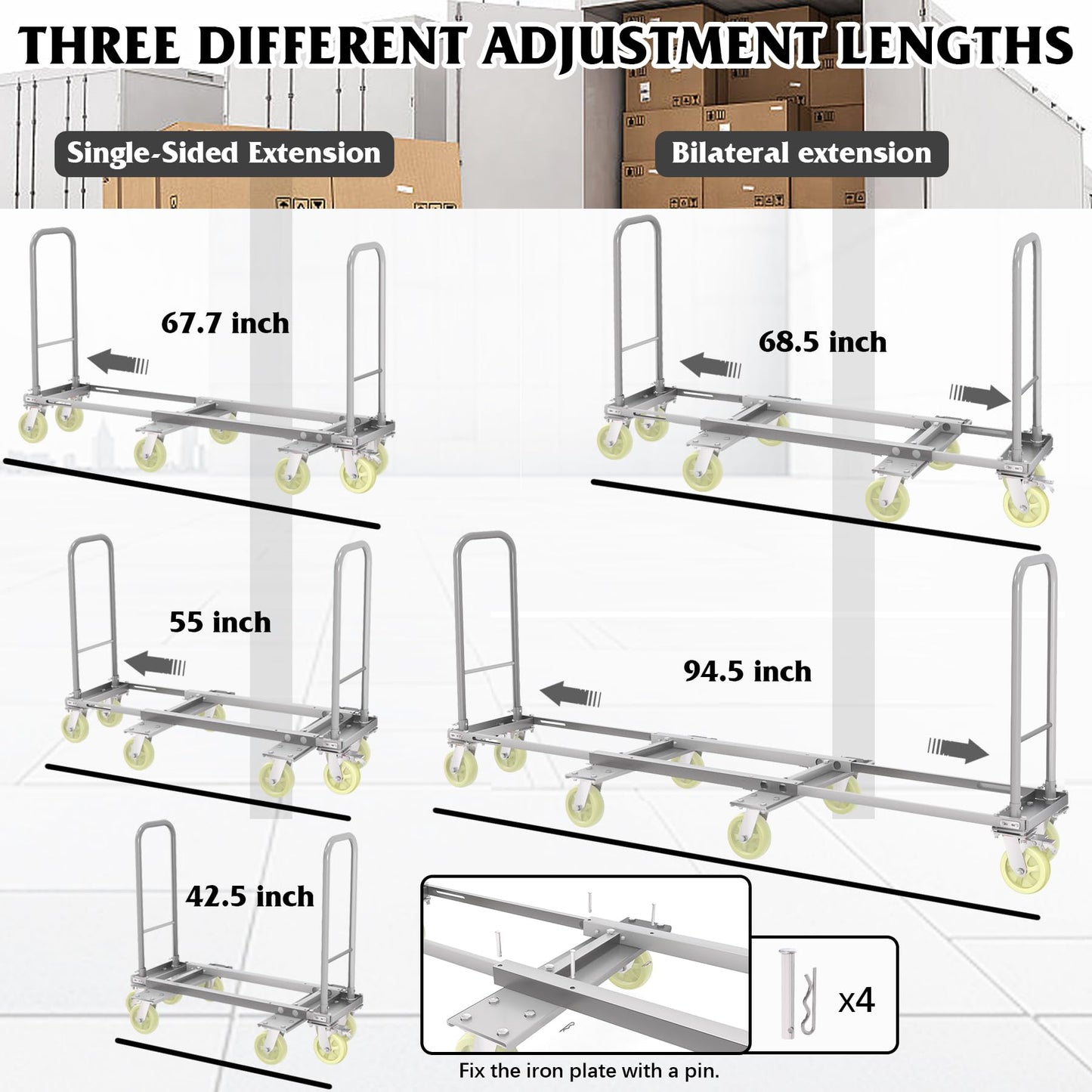 Heavy Duty Furniture Moving Dolly Cart, 1322 LBS High Capacity 8-Wheel Extendable Hand Truck, 42.5-94.5 Inch Adjustable Industrial Platform Cart with 6M Strap for Warehouse Large Appliance Bulk Goods