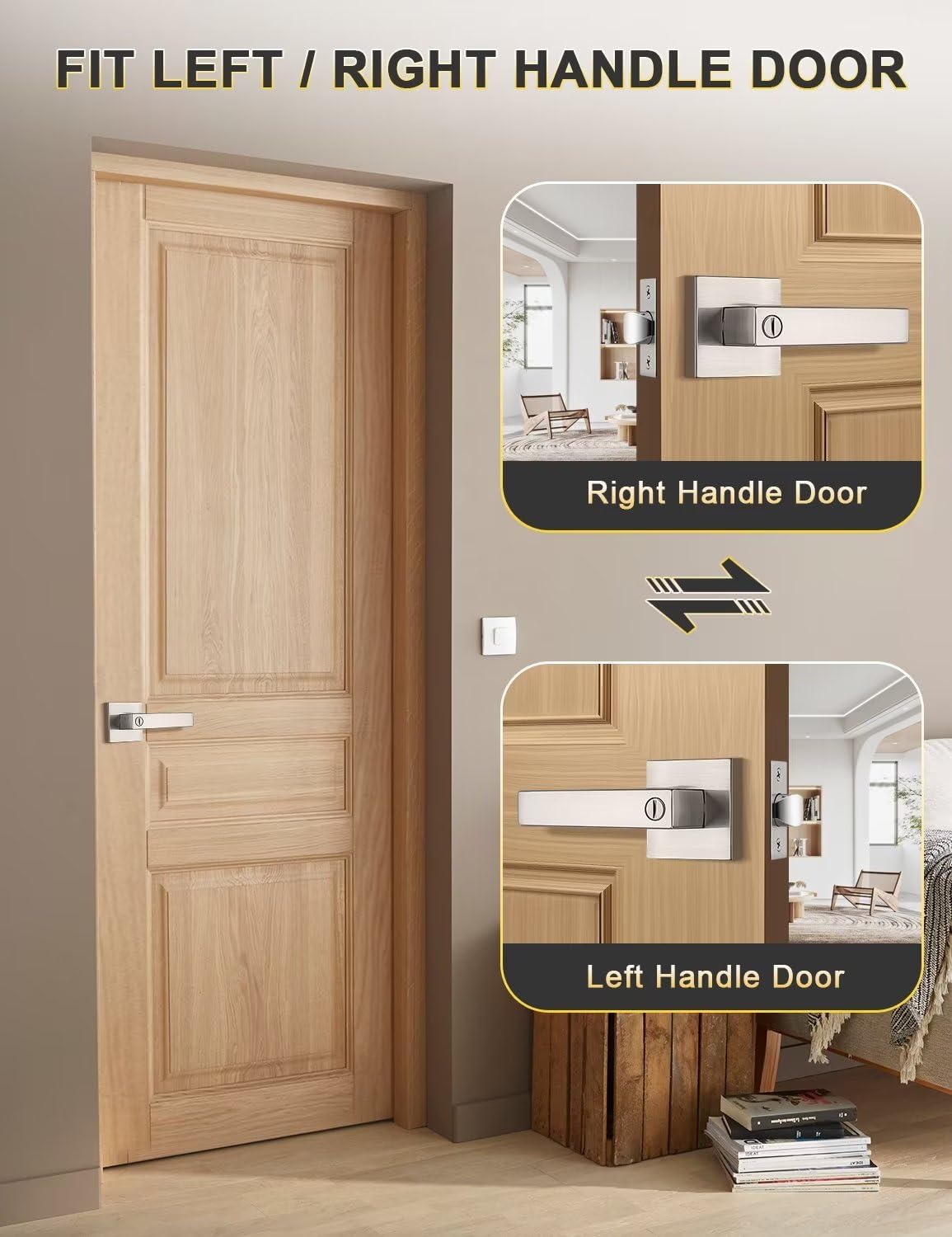 Tinewa 10 Pack Privacy Square Brushed Nickel Door Handles Interior, Keyless Door Knobs for Bedroom/Bathroom, Reversible for Left Right Handed Doors