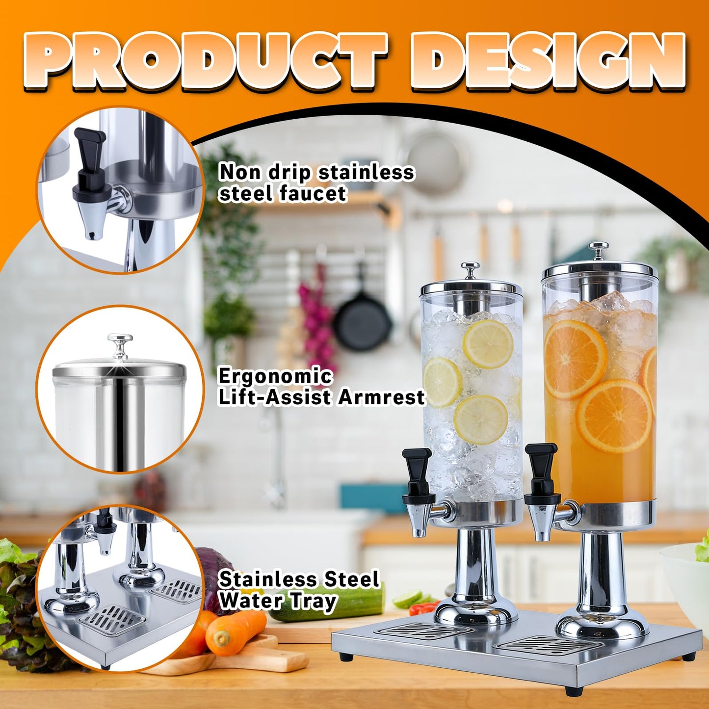 VAKUKK 2-Gallon Drink Dispenser with Stainless Steel Drip Tray - Party Beverage Juice Lemonade Iced Tea Water Dispenser for Church Events, Catering, Family Gatherings & Outdoor (SILVER)