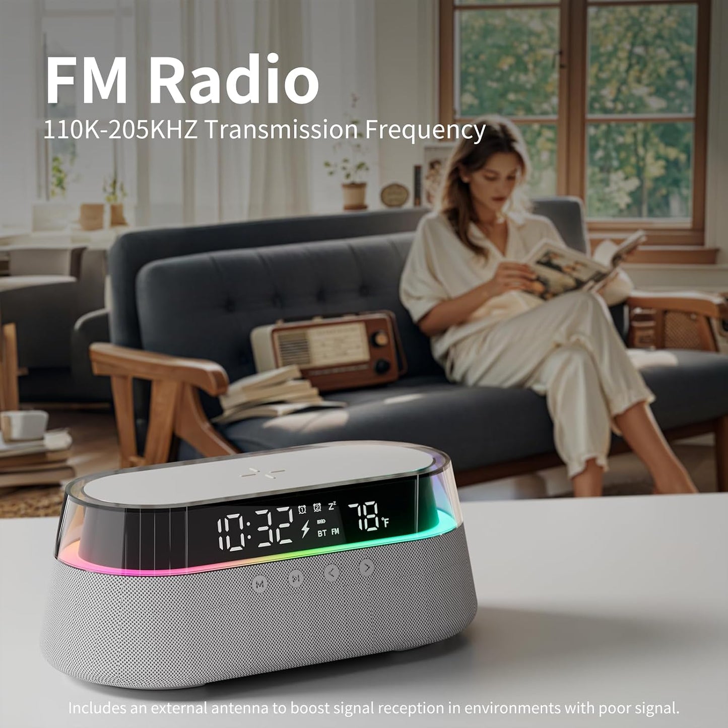 KUANGXIANG 6-in-1 15W Dimmable Bluetooth Speaker Alarm Clock with Remote, Fast Wireless Charger, FM Radio & LED Night