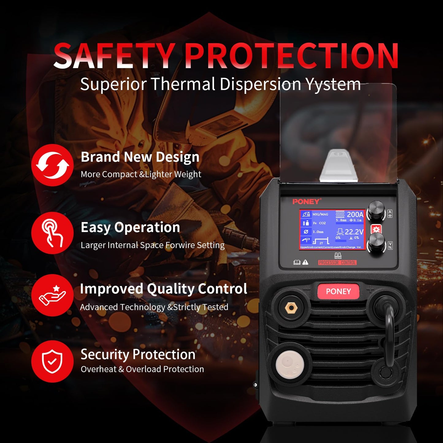 PONEY 200Amp Double Pulse MIG Aluminum Welder 9 in 1 MIG/MAG/FLUX/MIG Synergy/Single Pulse MIG/Double Pulse MIG/TIG LIFT/Spot Welding/MMA 220V Multi Process Welding Machine with LCD Digital Display