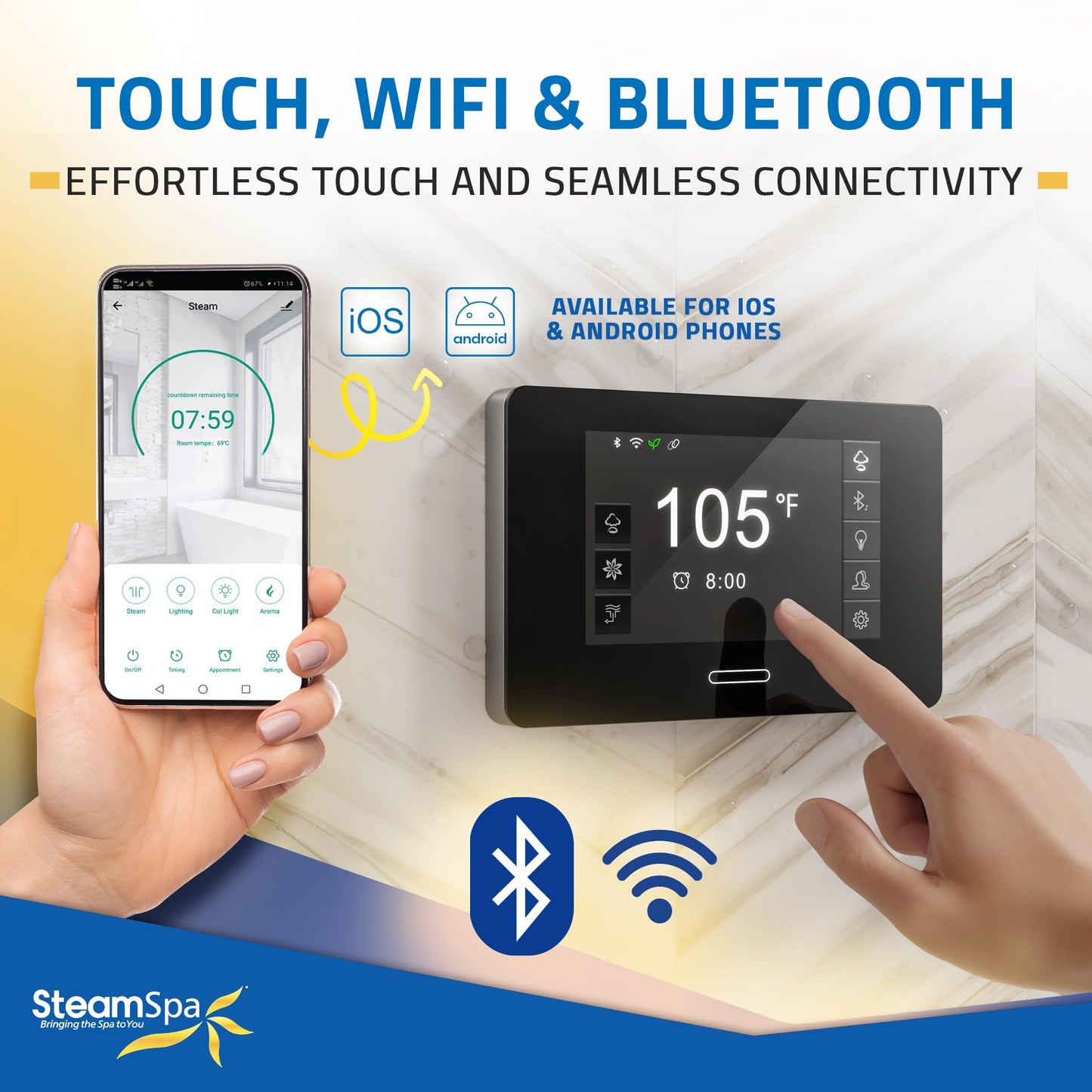 SteamSpa Steam System 12kW Steam Shower Generator with Bluetooth Wifi, Quickstart Continous Steam, Advanced Touch Pad Screen, Chroma Lights, Drain Pan and Auto Drain Brushed Nickel RVBS1200BN-A