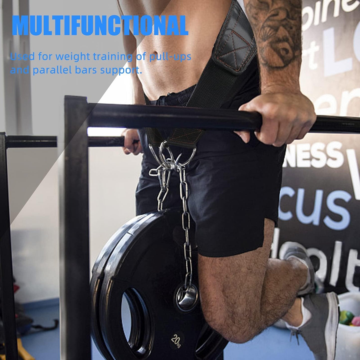 Dip Belt for Weight lifting, Weight Belt with 34'' Extra Long Adjustable Steel Chain, Pull Up Belt for Powerlifting, Strength Training and Bodybuilding, Comfortable Waist Back Support for Men & Women