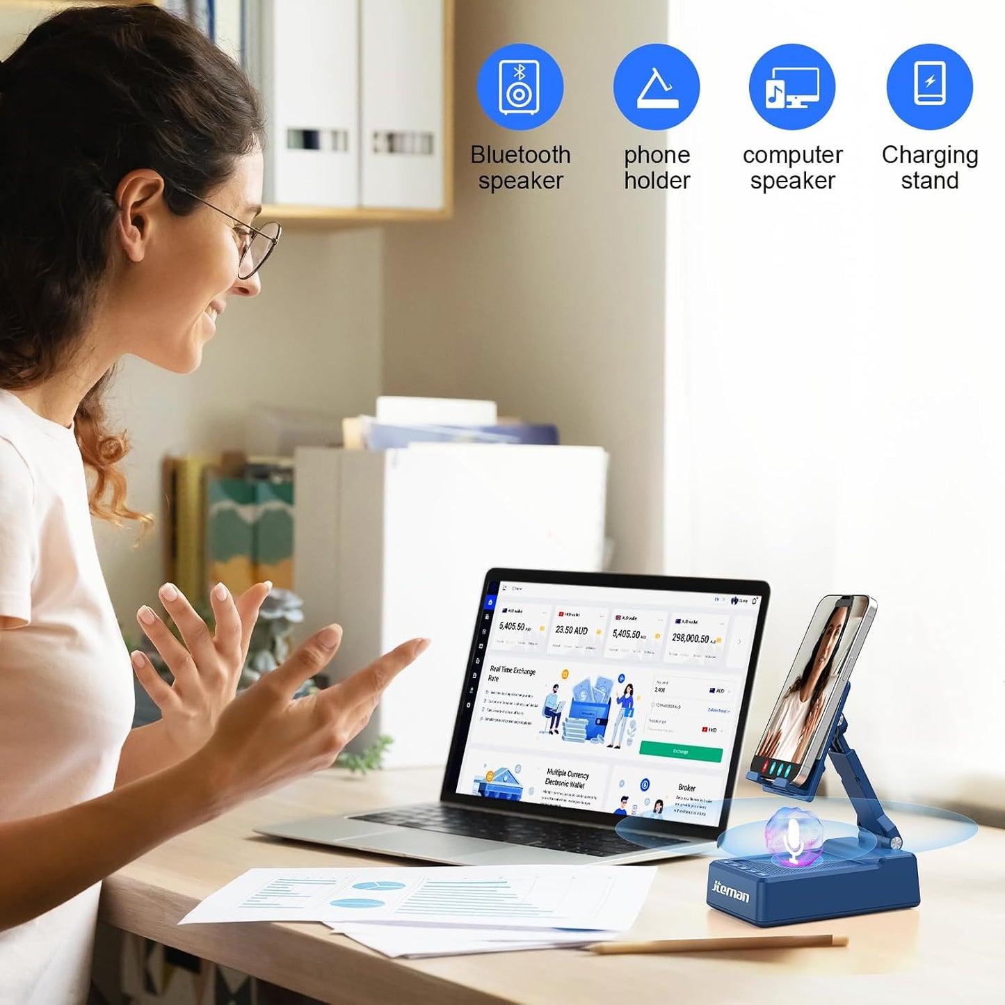 JTEMAN Gifts for Men Women,Cell Phone Stand with Bluetooth Speaker,Cool Tech Gadgets,Unique Birthday Gifts for Men