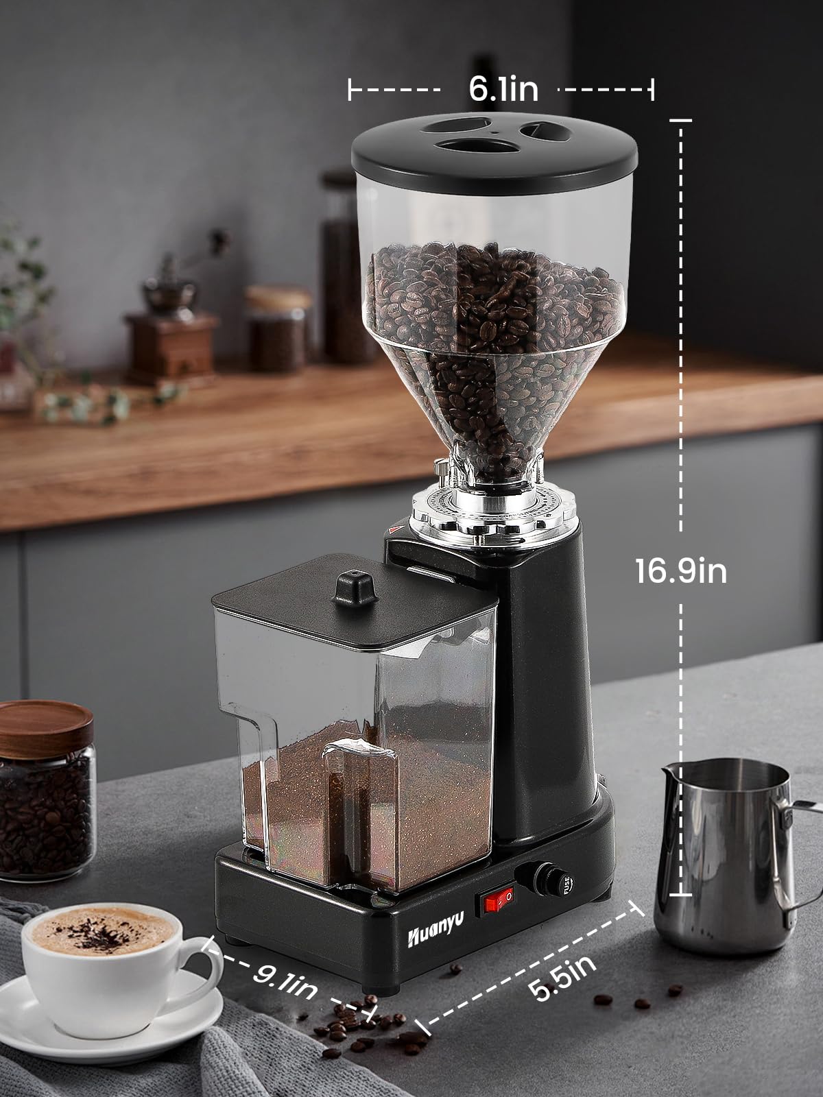 Huanyu Flat Burr Coffee Grinder with 19 Grinding Settings Electric Coffee Bean Grinder Adjustable Bulk Coffee Grinder Large Capacity 35oz Black