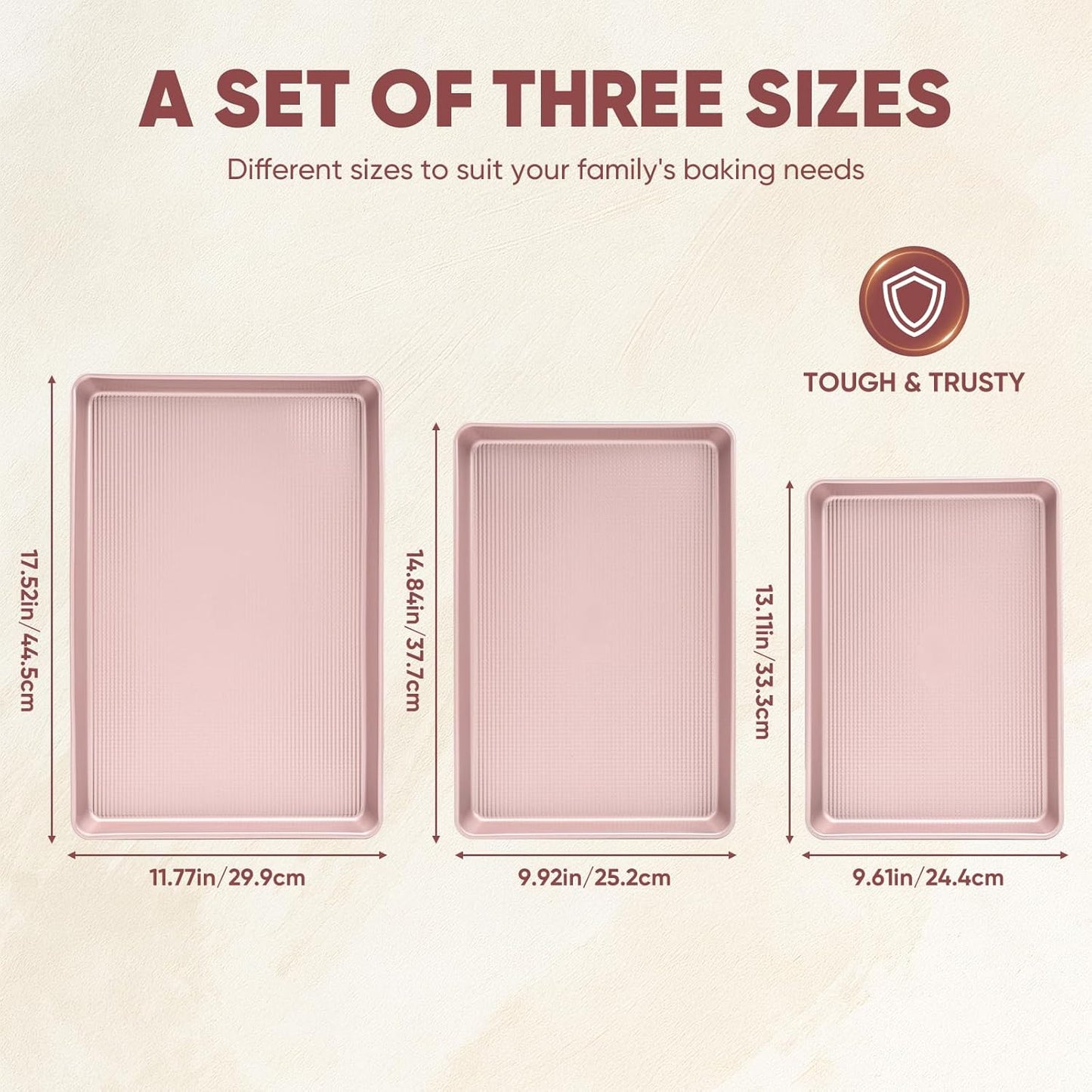 Sakerplus Nonstick Baking Sheet Pan Set - Heavy Duty Cookie Sheets | 0.6mm Thick, Rust-Resistant, Easy Clean (Pink)