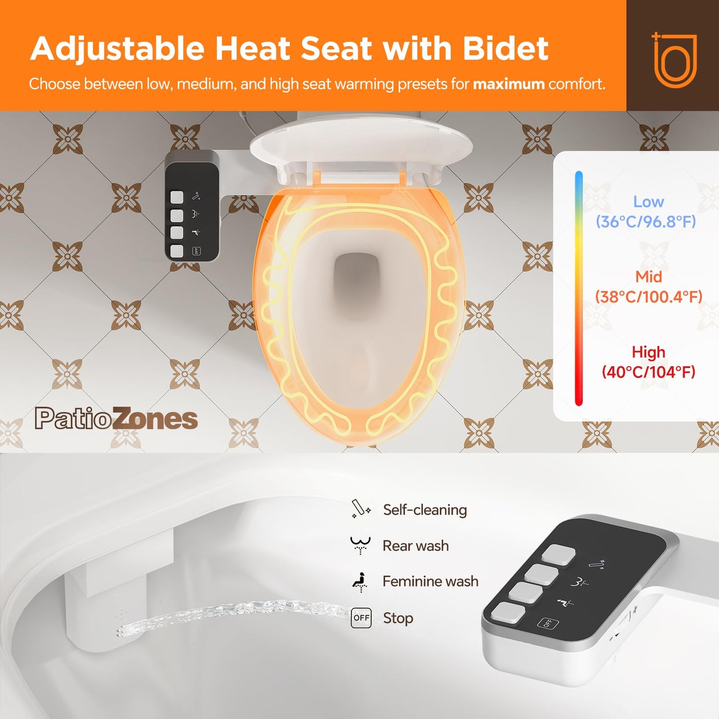 36ft Macerating Toilet System, Heated Seat/Bidet Attachment Inclued, Upflush Toilet with Sewage Grinder Pump for Basement, Quiet Copper Motor, Two-Piece 17.7" Tall Toilet, Less Consumption