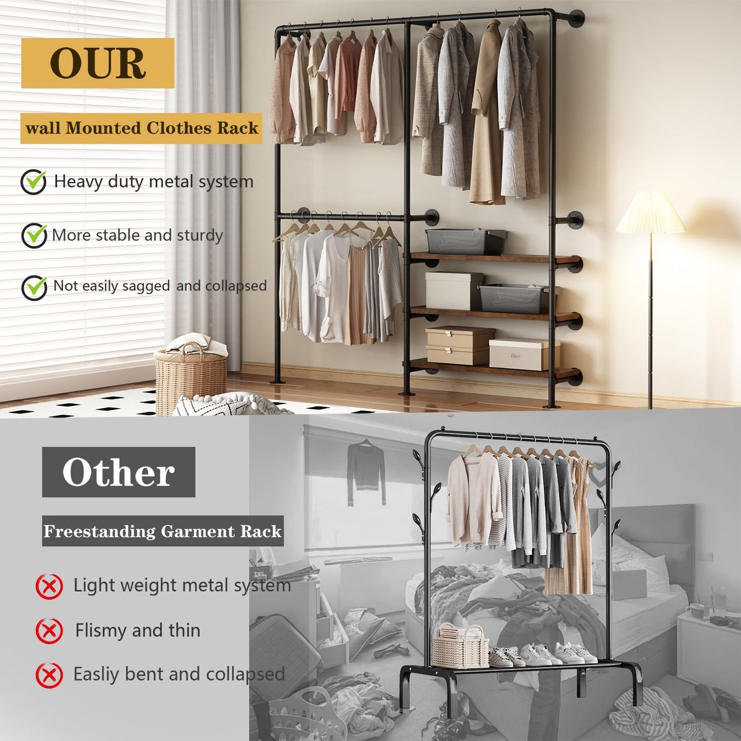 KAILNKISS Industrial Pipe Clothes Rack, Wall Mounted Clothing Rack with Shelves, Heavy Duty Closet Organizers Wardrobe Multi-Purpose Storage Clothes Hanging Shelf-70.8''L Black