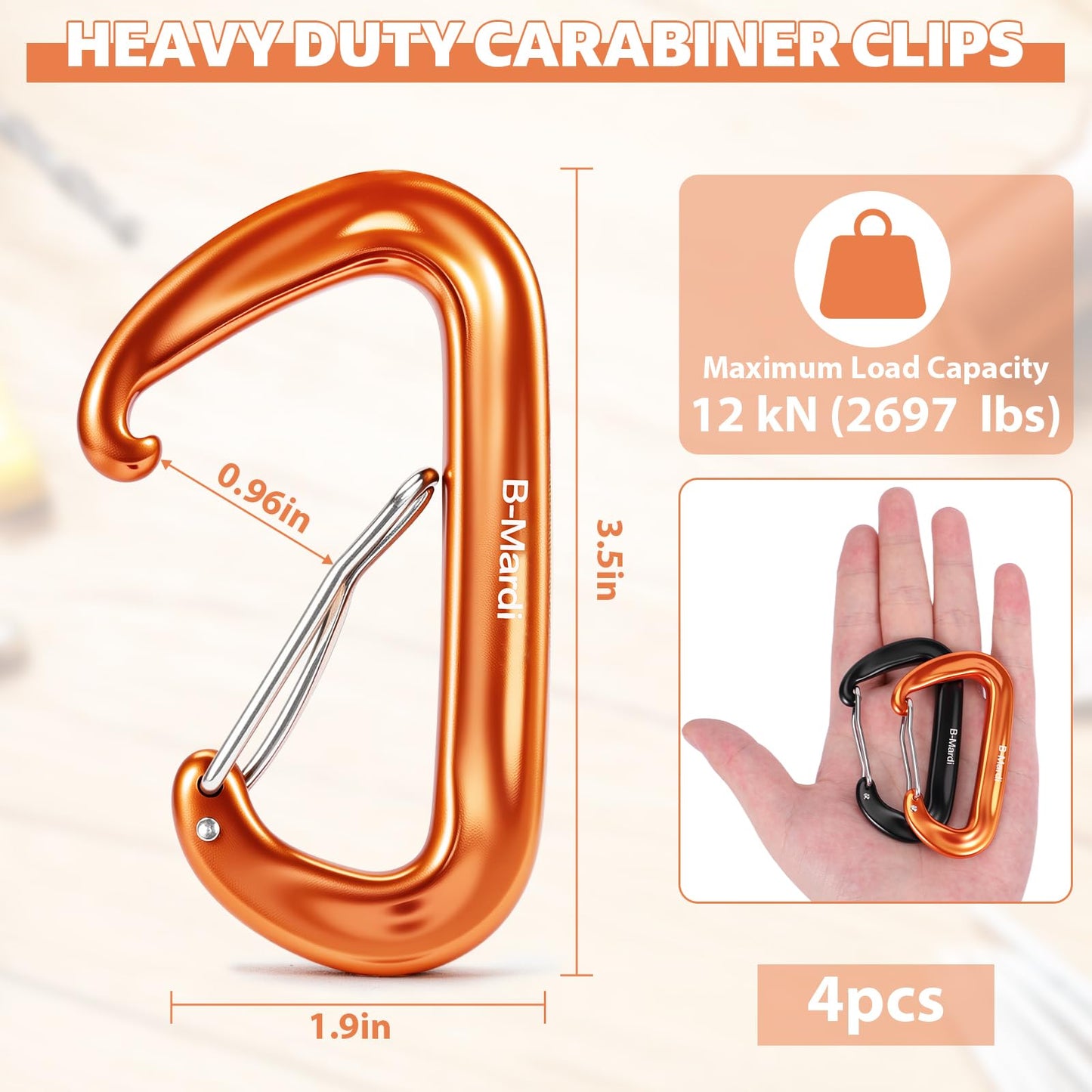 B-Mardi Keychain-Carabiner Clips Heavy Duty 12kN (2697 lbs)-Lightweight Locking Carabiners for Camping, Hiking, Hammock, Dog Leash Harness, Outdoor and Gym etc, Keychains& Utility ﻿