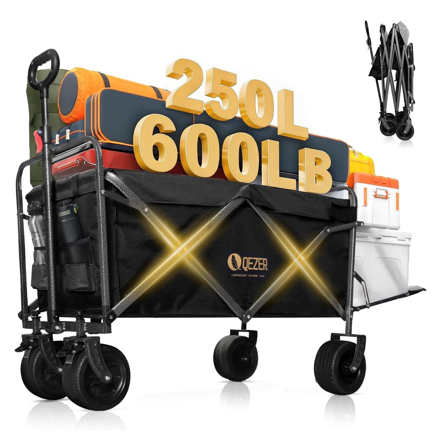 QEZER56 Large Collapsible Folding Wagon with Tailgate and Brake, 600LBS Heavy Duty Utility Cart, 250L Large All-Terrain Beach Wagon for Camping Garden Shopping Grocery Sports (Black, 250L)