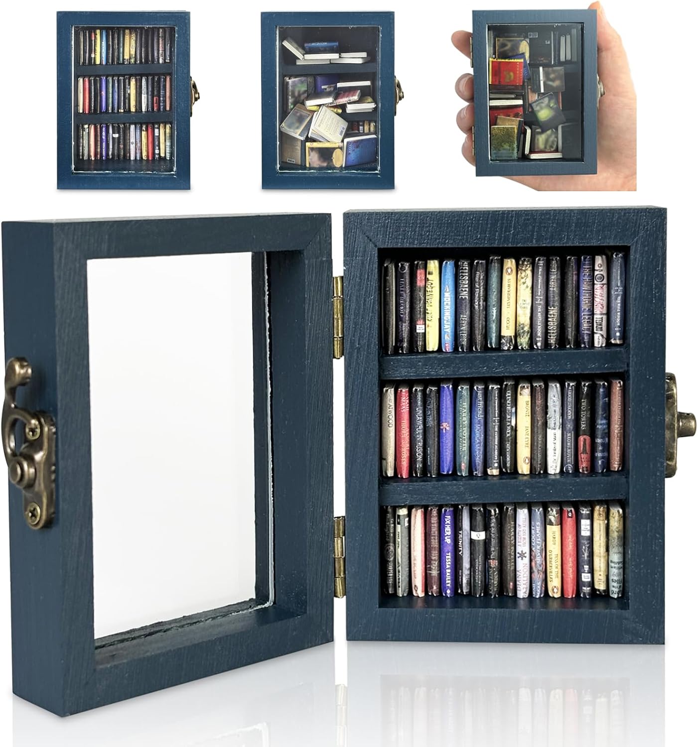 Skiennix Mini Bookshelf Ornament - Shake Away Your Anxiety | 60 Mini Books for Home Office Decor (Blue)