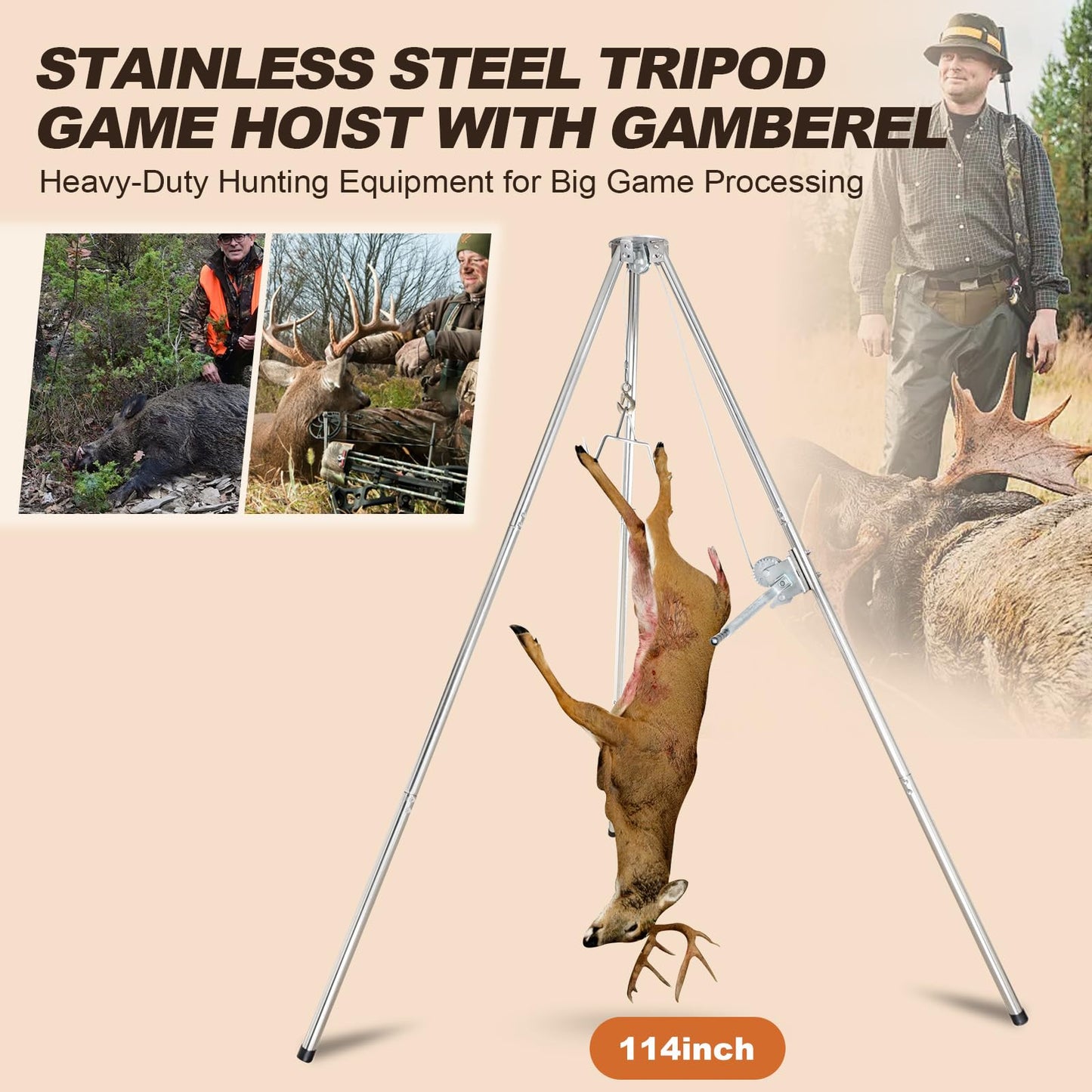 Deer Game Hoist Tripod Hanger Rack with Gambrel and Manual Winch 500 lb Capacity for Hunting, Deer Hanger for Skinning, Heavy Duty Game Hoist for Elk, Bear, Hogs, Goat, Shark, Tuna - Stainless Steel
