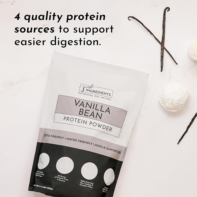 JUST INGREDIENTS Vanilla Bean Protein Powder ??20-Serving Blend with 100% Grass-Fed Whey & Organic Plant Proteins ??Real Vanilla Bean & Cinnamon ??Supports Muscle Recovery, Energy*