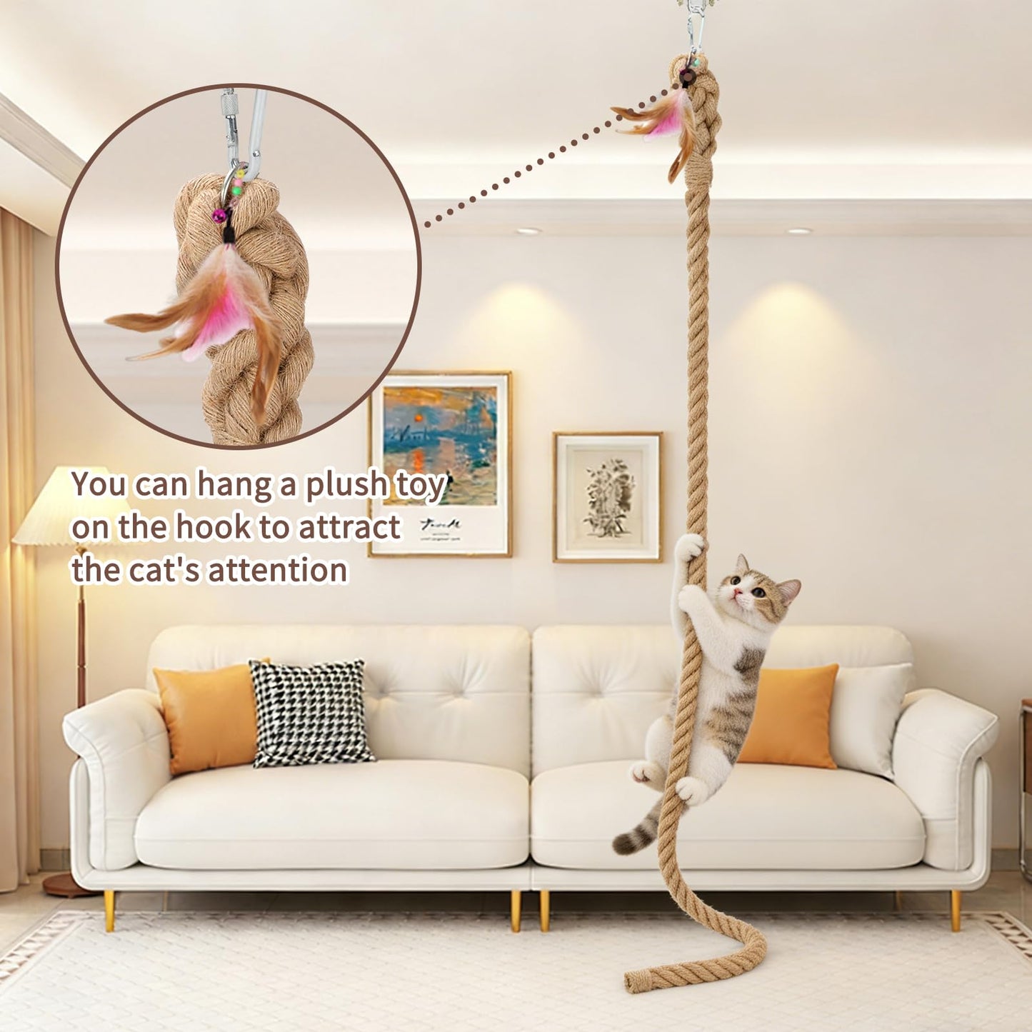 GINDOOR 2" x 9.8Ft Cat Climbing Rope with Hook, Natural Sisal Ropes for Ceiling and Wall Mounted, Durable Space Saving Cat Climbing Jute Rope Toy with Scratching Kitten Rope for Indoor and Outdoor