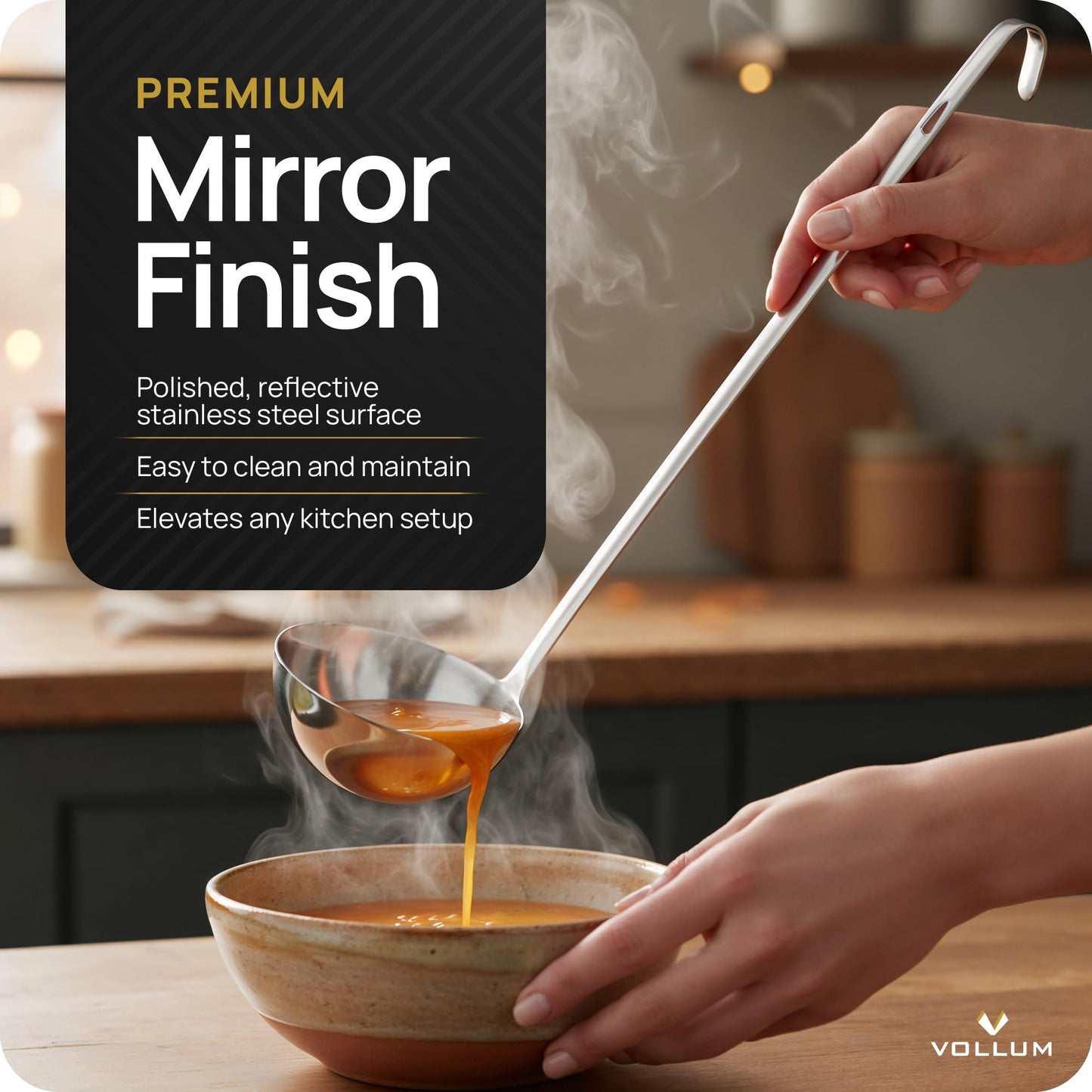 Vollum 1-Piece Stainless Steel Ladle - Heavy Duty Commercial Thick Stainless Steel - 8 Ounce (3.9" Bowl Diameter, 15.1" Handle Length)