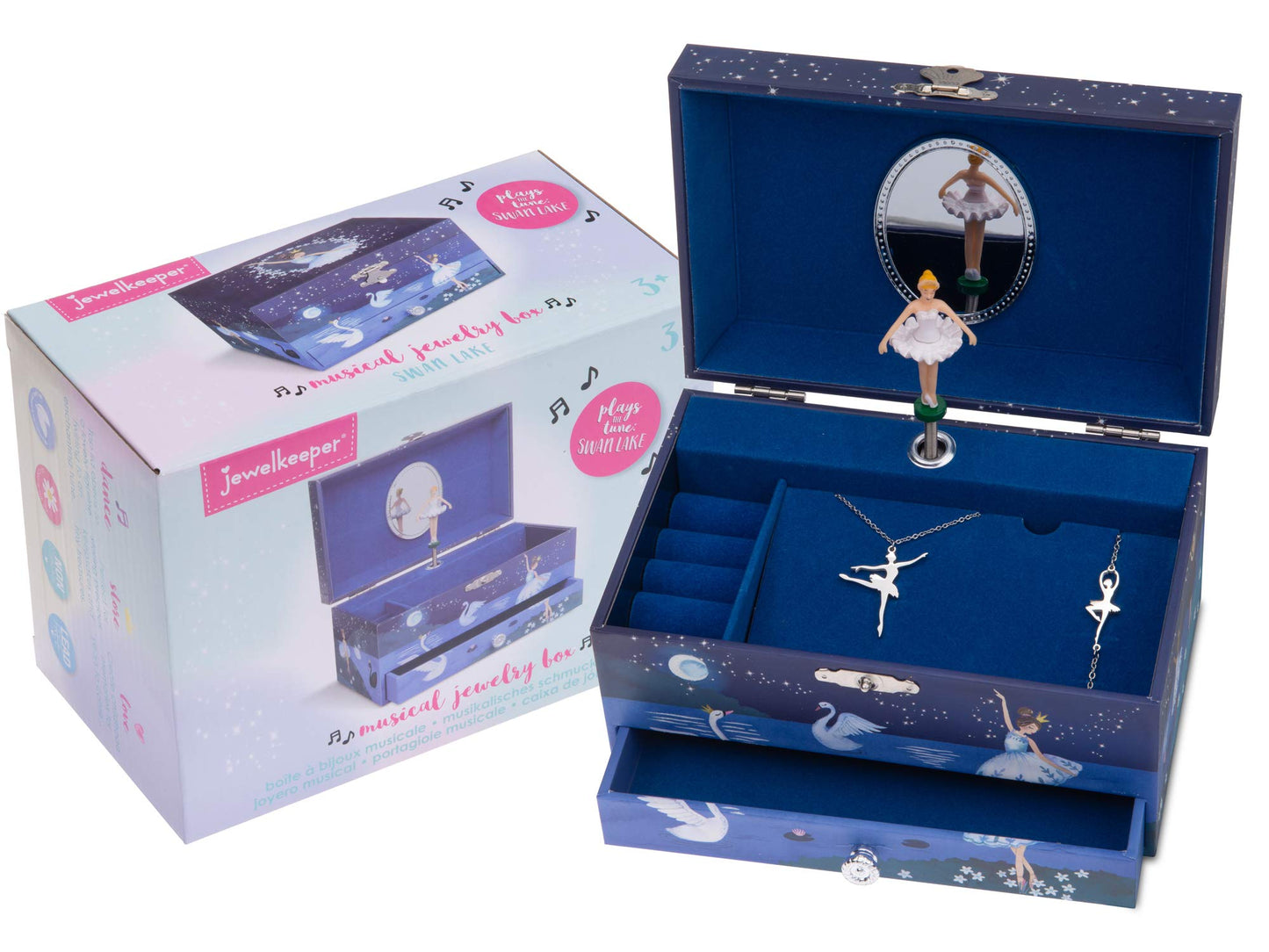 Jewelkeeper Girl's Ballerina Musical Jewelry Storage Box with Pullout Drawer, Glitter Design, Swan Lake Tune