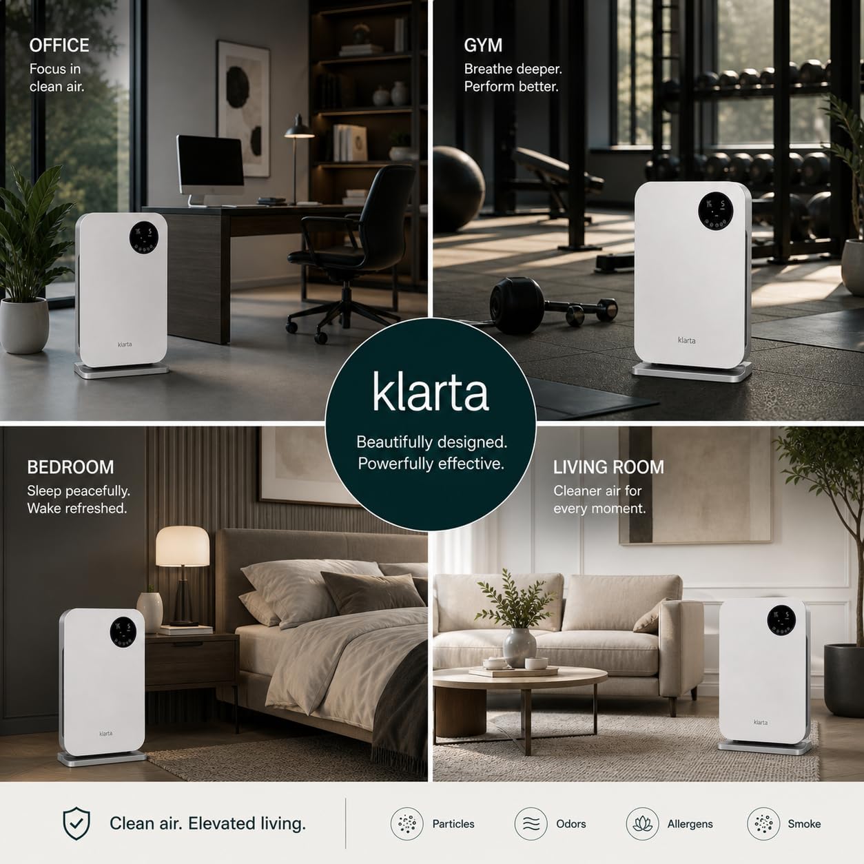 Klarta Air Purifier for Home - HEPA Smart WiFi App - Ultra Quiet 20 dB - Removes Allergens, Smoke & Odors - 99.97% Particle Filtration - Up to 1237 ft² - Klarta Forste Wood Black