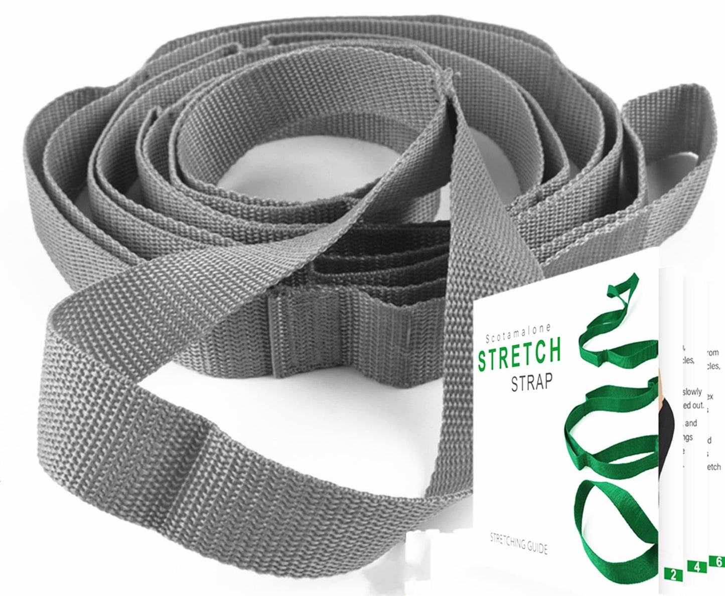 Stretch Strap Yoga Stretching Strap Physical Therapy Rehab Multi-Loop Strap Stretch Bands Nonelastic Exercise Strap for Pilates, Dance and Gymnastics with Instructional Guide (Grey)