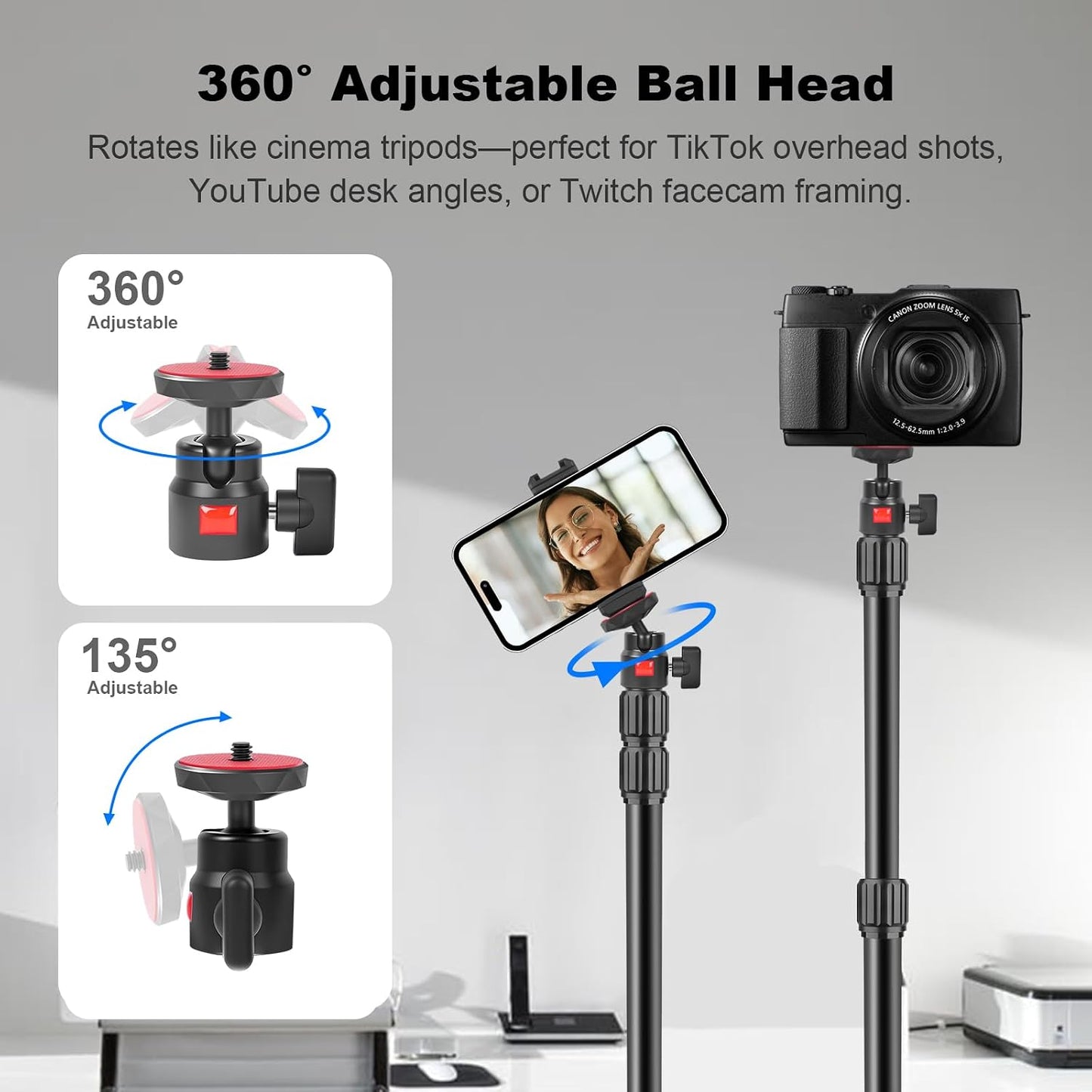 Mechrig 360 1/4" (811002) Camera Desk Mount Table Stand with Ball Head, Table Light Stand with Screw & C Clamp, Webcam