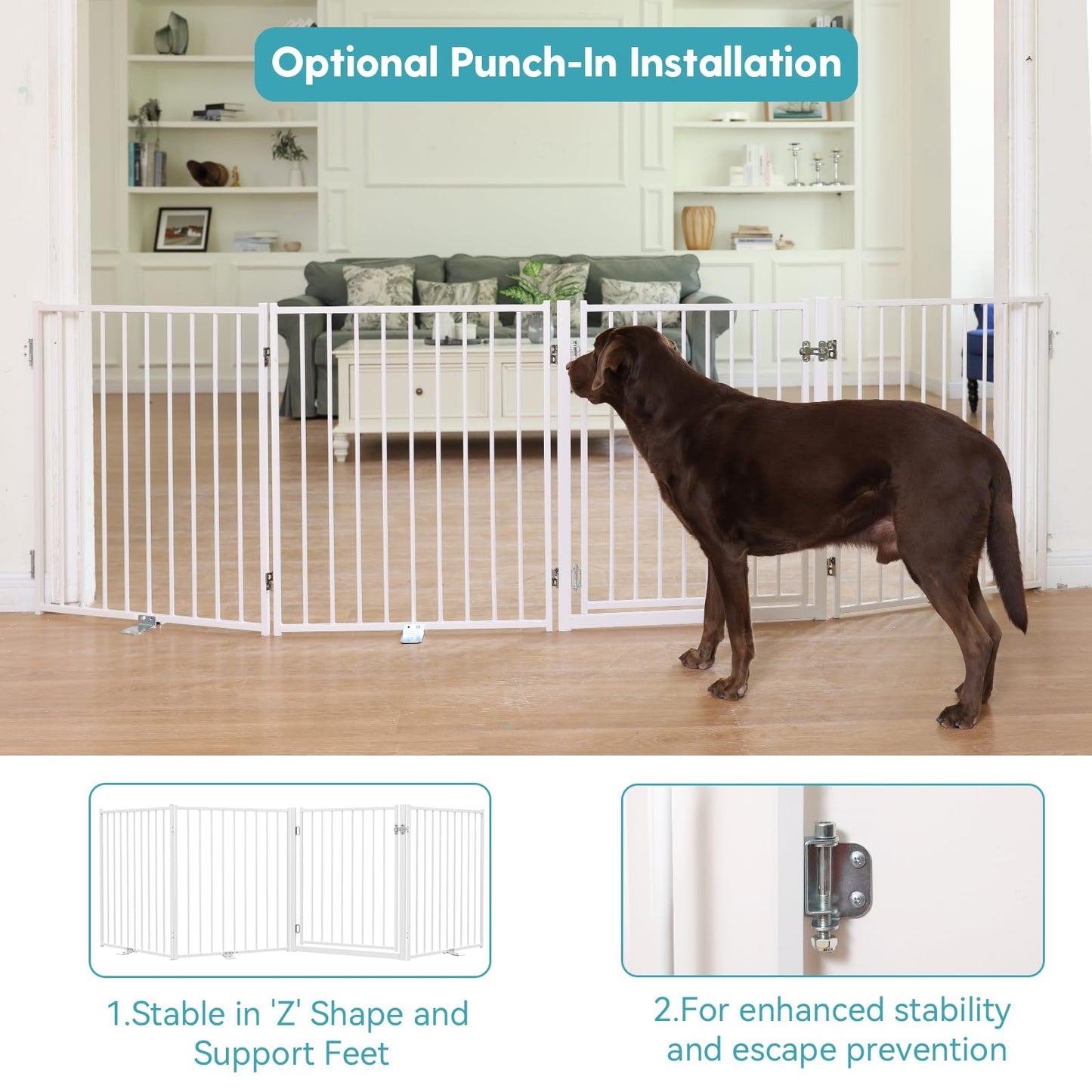 No Pawblems Free Standing Dog Gate with Door, 30'' Tall Foldable Dog Fence for Indoor & Outdoor, Up to 104 Inch Extra Wide Puppy Gate for Stairs, Hallways, Doorways, Deck, Yard (White, 4 Panels)