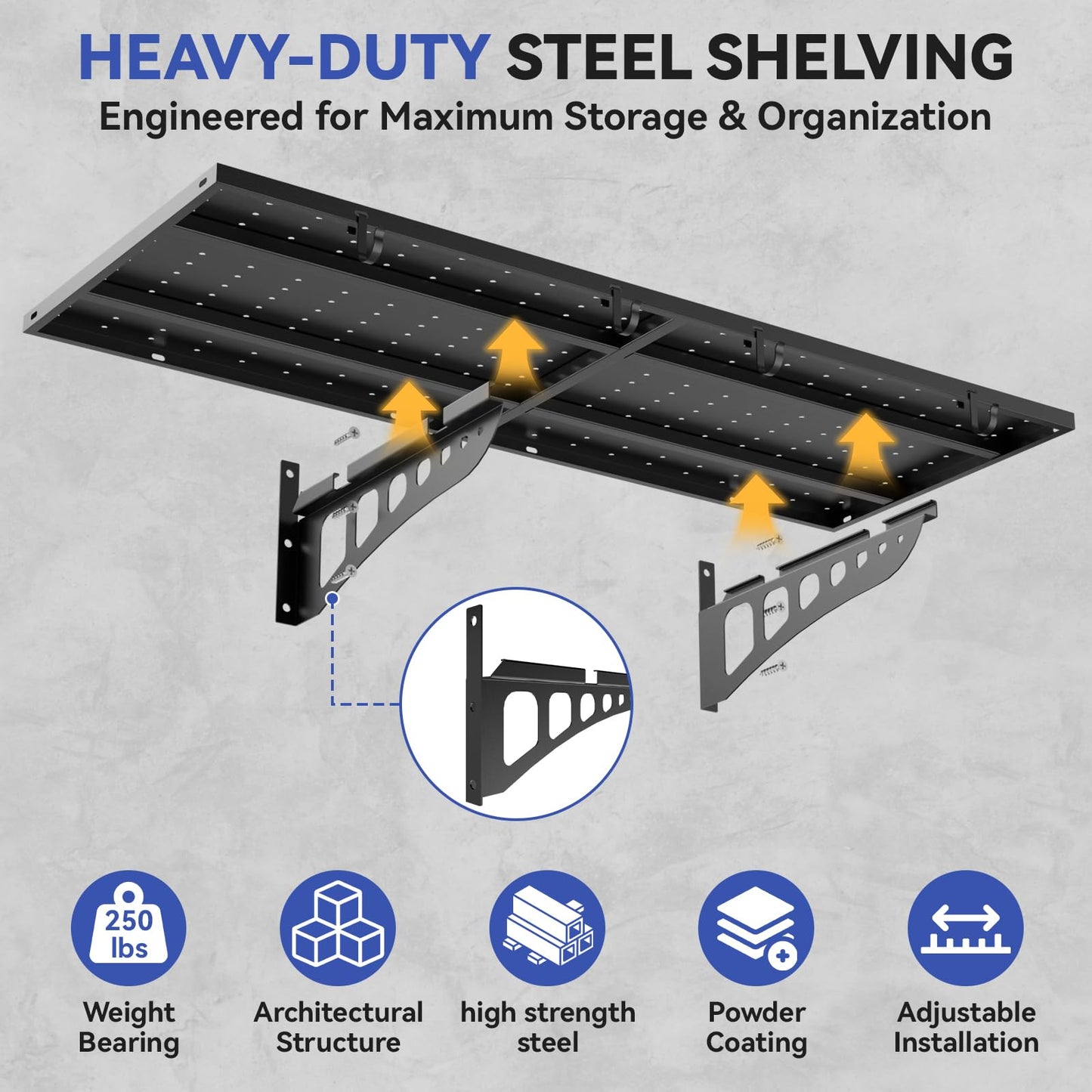 Gsskny 2-Pack 1.5 * 4ft Heavy Duty Garage Wall Shelving, 500 lbs Load Capacity, Garage Shelving Wall Mounted,Heavy Duty Garage Storage Shelves with Hooks