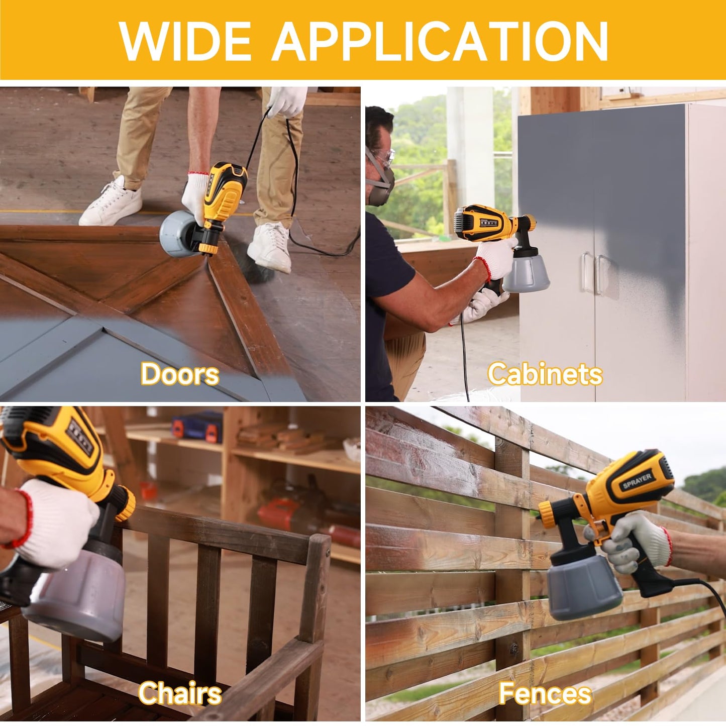 VONFORN Paint Sprayer, 700W HVLP Spray Gun with Cleaning & Blowing Joints, 4 Nozzles and 3 Patterns, Easy to Clean, for Furniture, Cabinets, Fence, Walls, Door, Garden Chairs etc. VF803 Yellow
