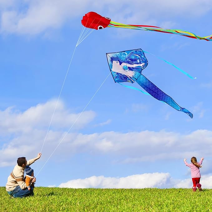 HONBO Large Mermaid Kite for Kids & Adults, Easy to Fly Delta Kite, Beginner Kite for Girls &Boys, Pegasus Beginner Kite for Kids,Octopus Kite