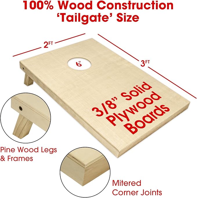 GoSports Solid Wood Premium Cornhole Sets - Choose 4 x 2 ft or 3 x 2 ft - Game Boards Include Set of 8 Cornhole Toss Bags