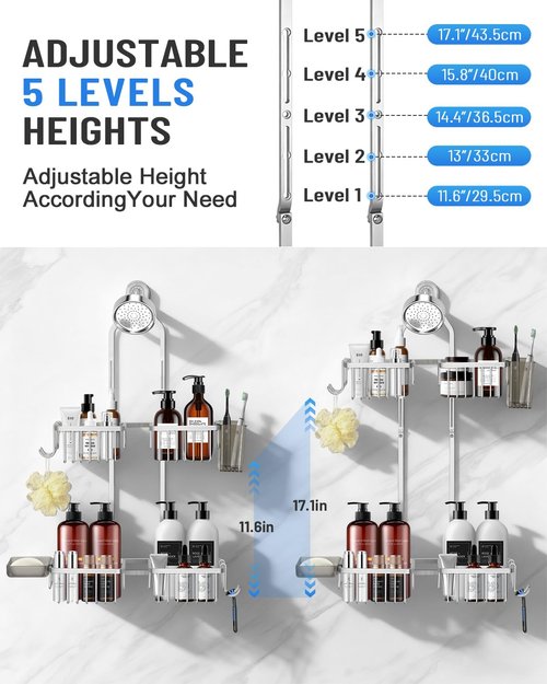 MSAICOE Adjustable Shower Caddy Hanging for Handheld Showerheads - Never Rust Shower Hanging Organizer, Upgraded Bathroom Shower Rack with Soap Basket, Hooks and Toothbrush Holder (Silver)