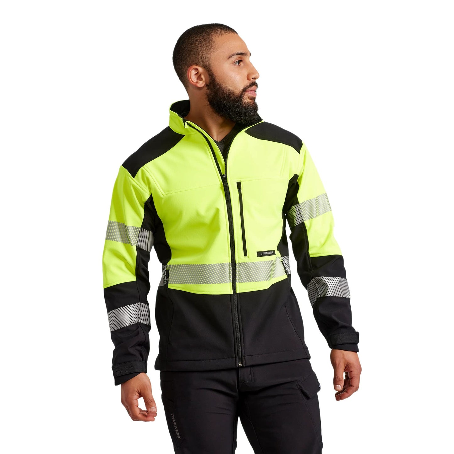 TRUEWERK Men's Softshell Work Jacket - S3 Solution Coat Technical Workwear, Lightweight, Waterproof with 4-Way Stretch, Viz Yellow, XX-Large