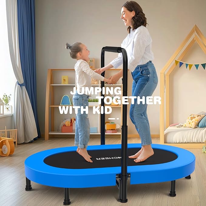 ANCHEER 56'' Foldable Mini Trampoline with Adjustable Handle - Indoor/Outdoor Rebounder for Kids & Toddlers Safe Oval Fitness Trampoline with Bar for Home Fun