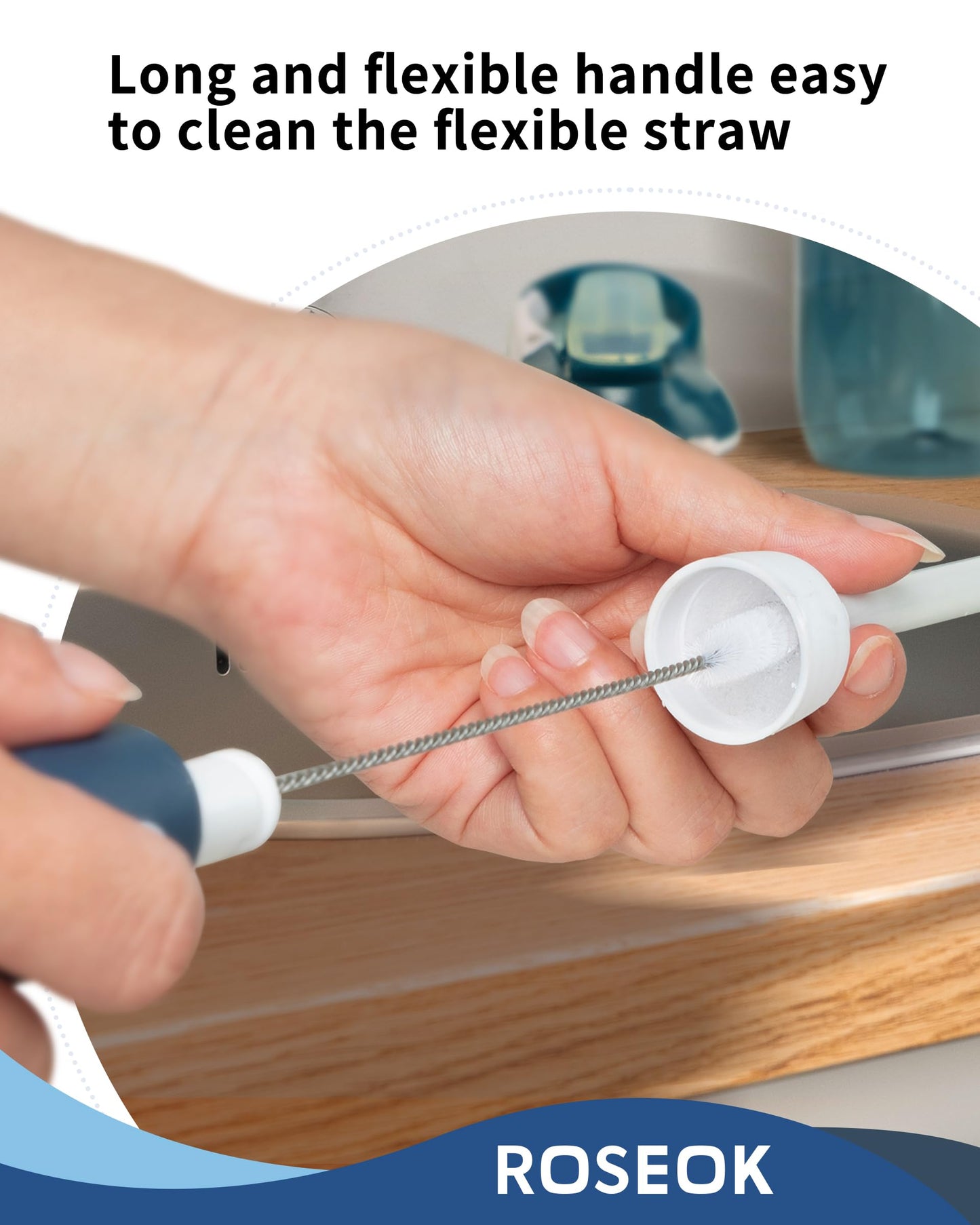 ROSEOK 2 in 1 Long Handle Bottle Brush with Straw Brush for Cleaning Glass, Sports Bottle, Coffee Mug,Navy Blue,1 Pack
