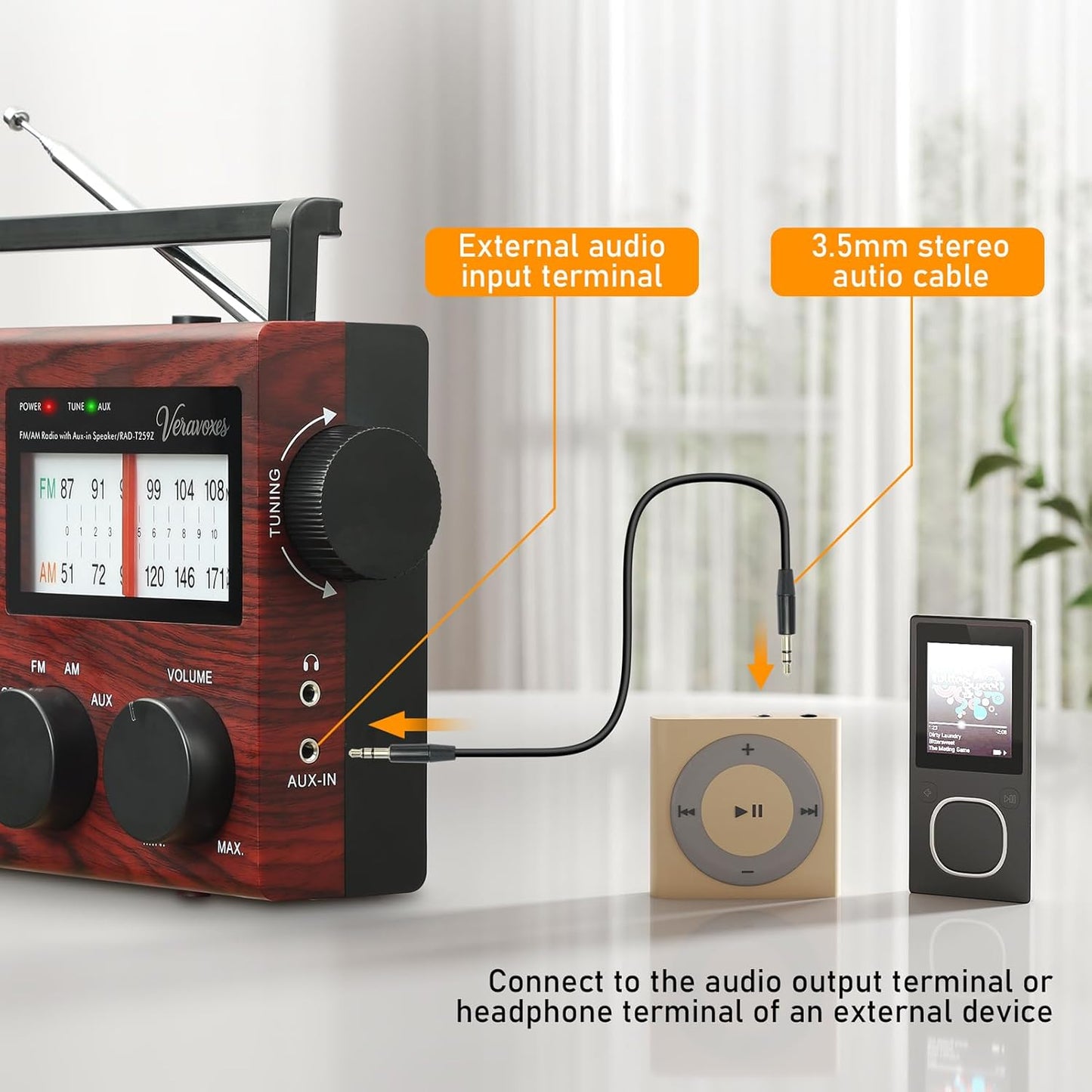 Veravoxes Portable AM/FM Radio with Bass Control, Equipped with a Built-in high-Power Speaker, Headphone Jack, and AUX