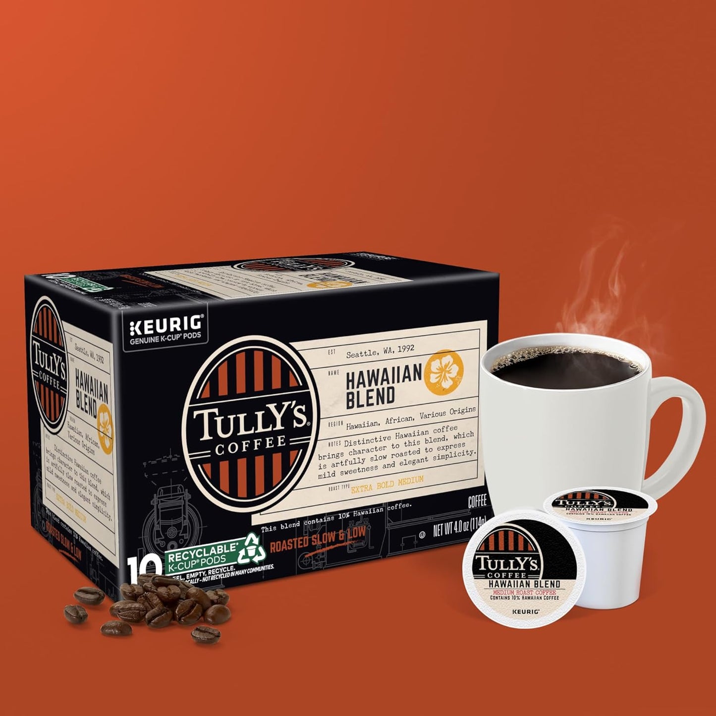 Tully's Coffee Hawaiian Blend K-Cup Pods - Medium Roast, 60 Count (6 Packs of 10)