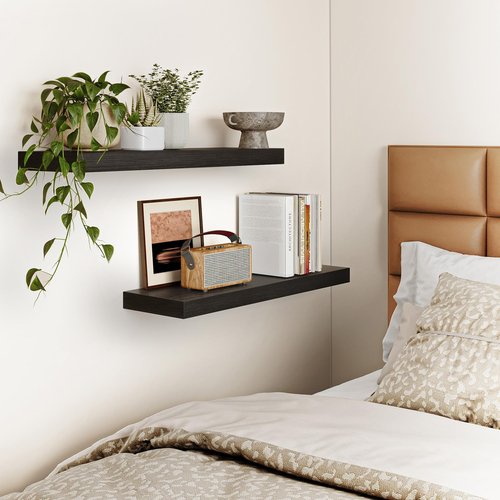 Fixwal Black Floating Shelves for Wall, 22" Long Wall Mounted Rustic Wood Shelves for Living Room, Bedroom, Bathroom and Kitchen, Wall Shelves for Storage, Books, Room Decor Set of 2