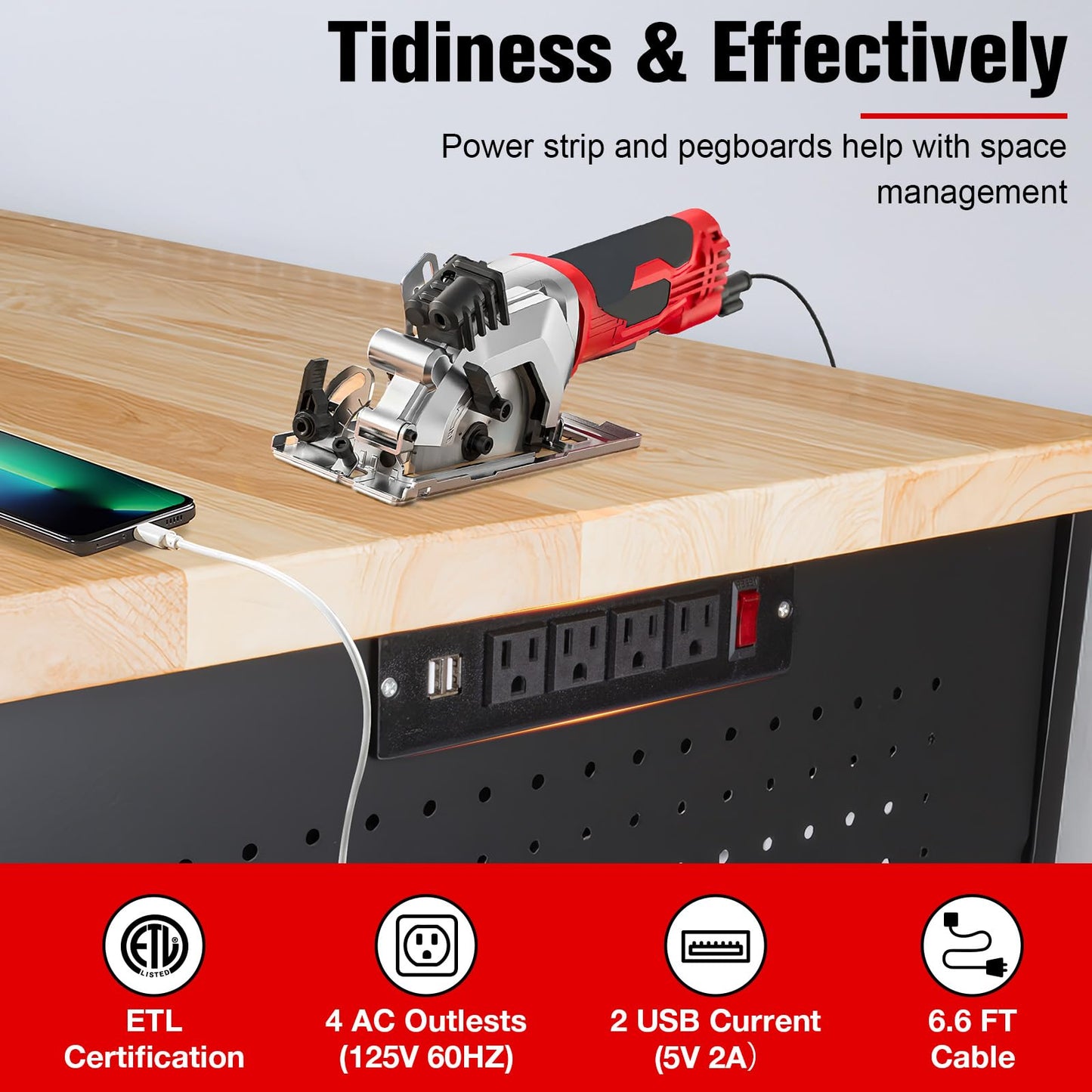 MUWOOD 48" Workbench with Drawers, Work Benches for Garage with Strip Light, Adjustable Work Table with Large Pegboard, 2000 LBS Heavy Duty Table with Power Outlet Rubber Wood for Garage, Office