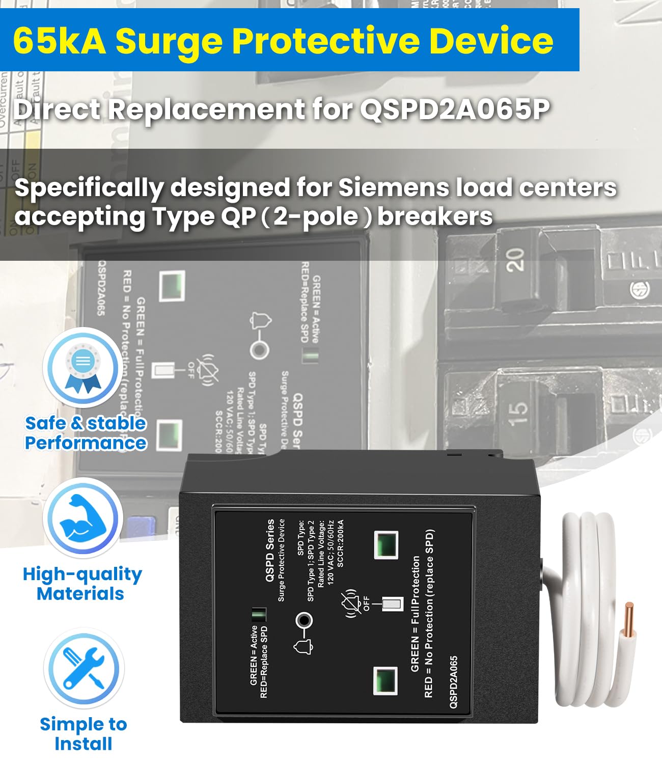 Replacement for Siemens QSPD2A065P Plug-in Surge Protection Device, 2-Pole 65kA 120/240V, 1Ø, 3W, Fits Siemens Type QP Load Centers, Whole House Power Spike Protection, LED Indicator & Audible Alarm