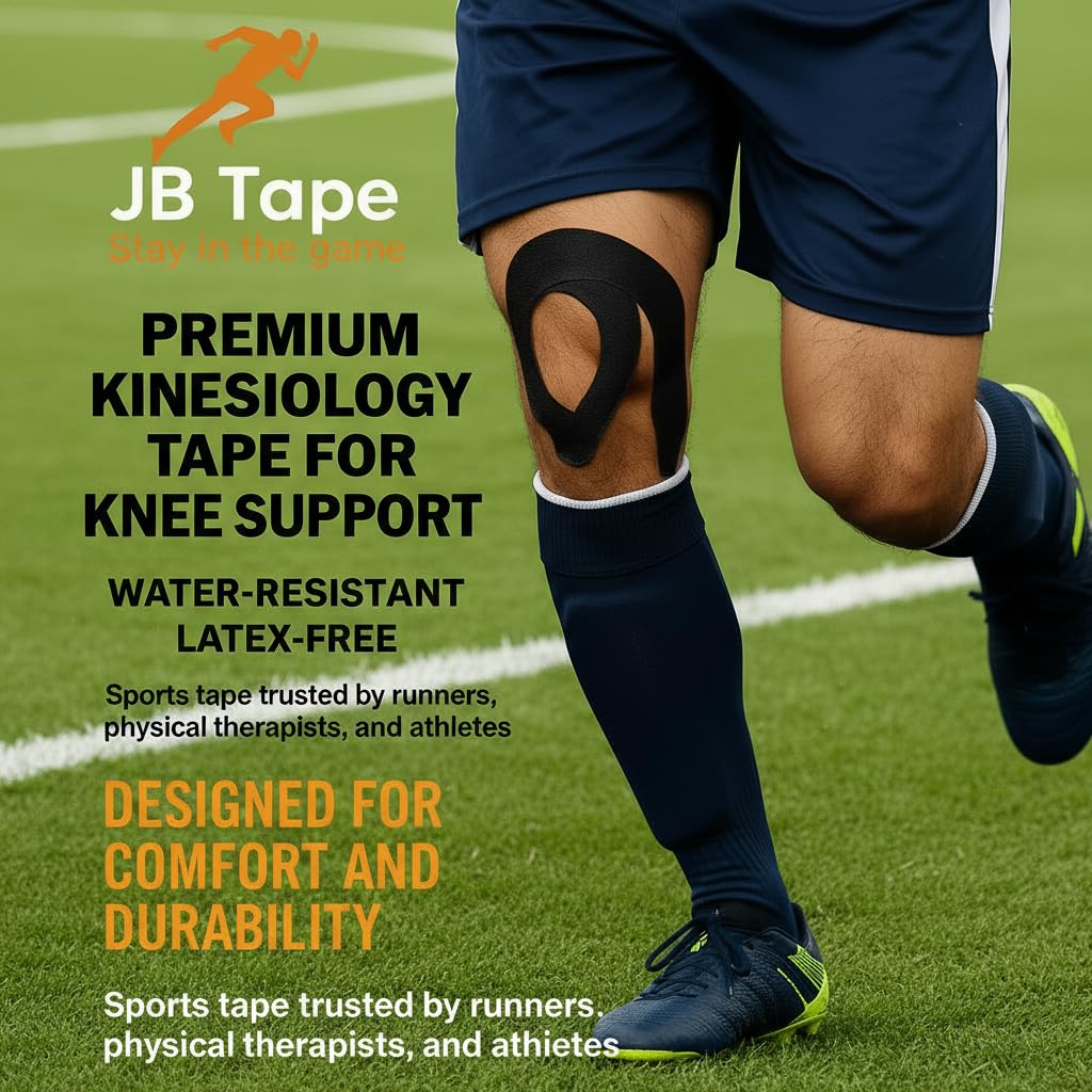 JB Tape Kinesiology Tape – 80 Precut 10-Inch Strips – Black – Elastic, Latex-Free, Water Resistant – Athletic Muscle & Joint Support – 4 Rolls